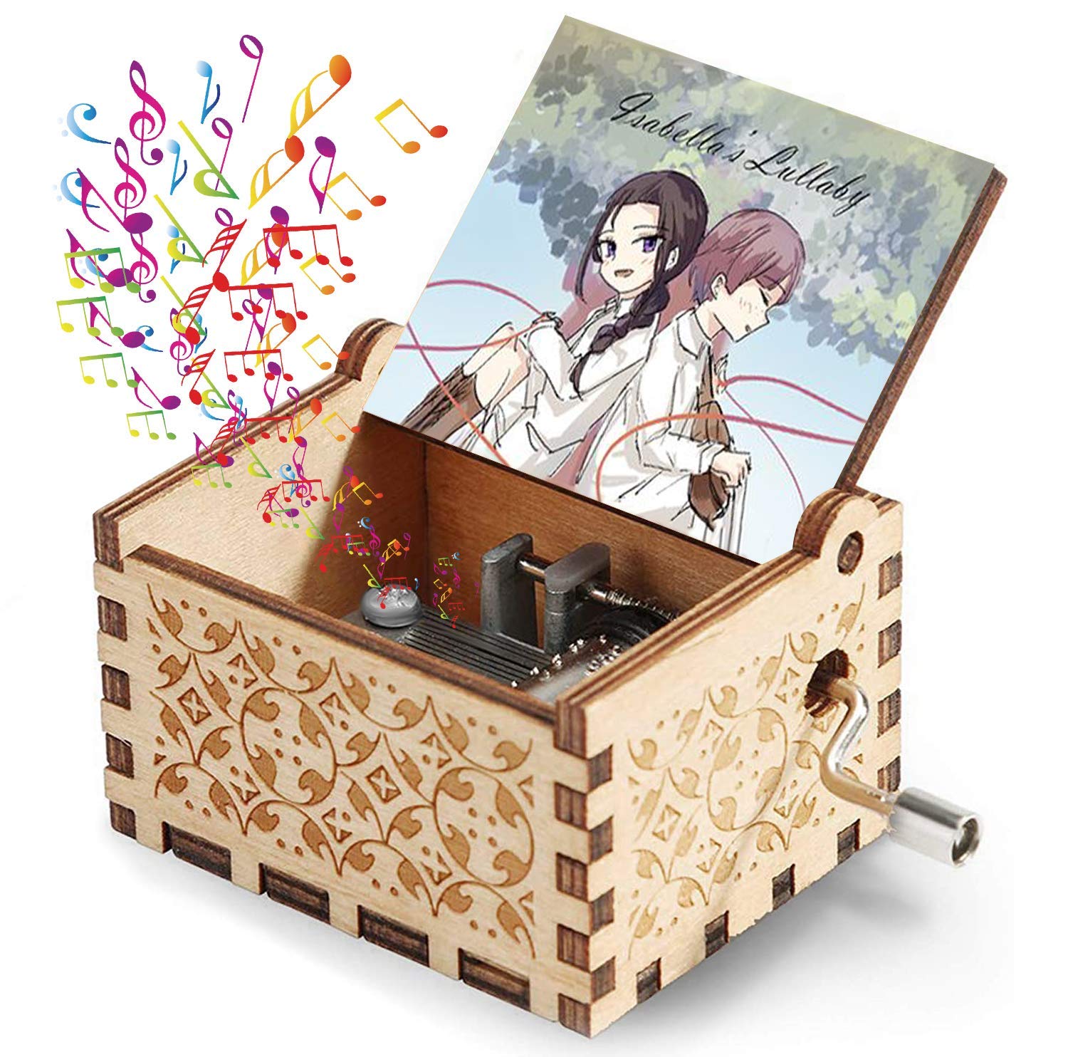 The Promised Neverland Anime Wooden Hand Crank Music Box - Plays Isabella's Lullaby Song | Perfect Gift for Anime Fans & Collectors | Ideal for Birthday Presents, Room Decor, and Anime Themed Parties