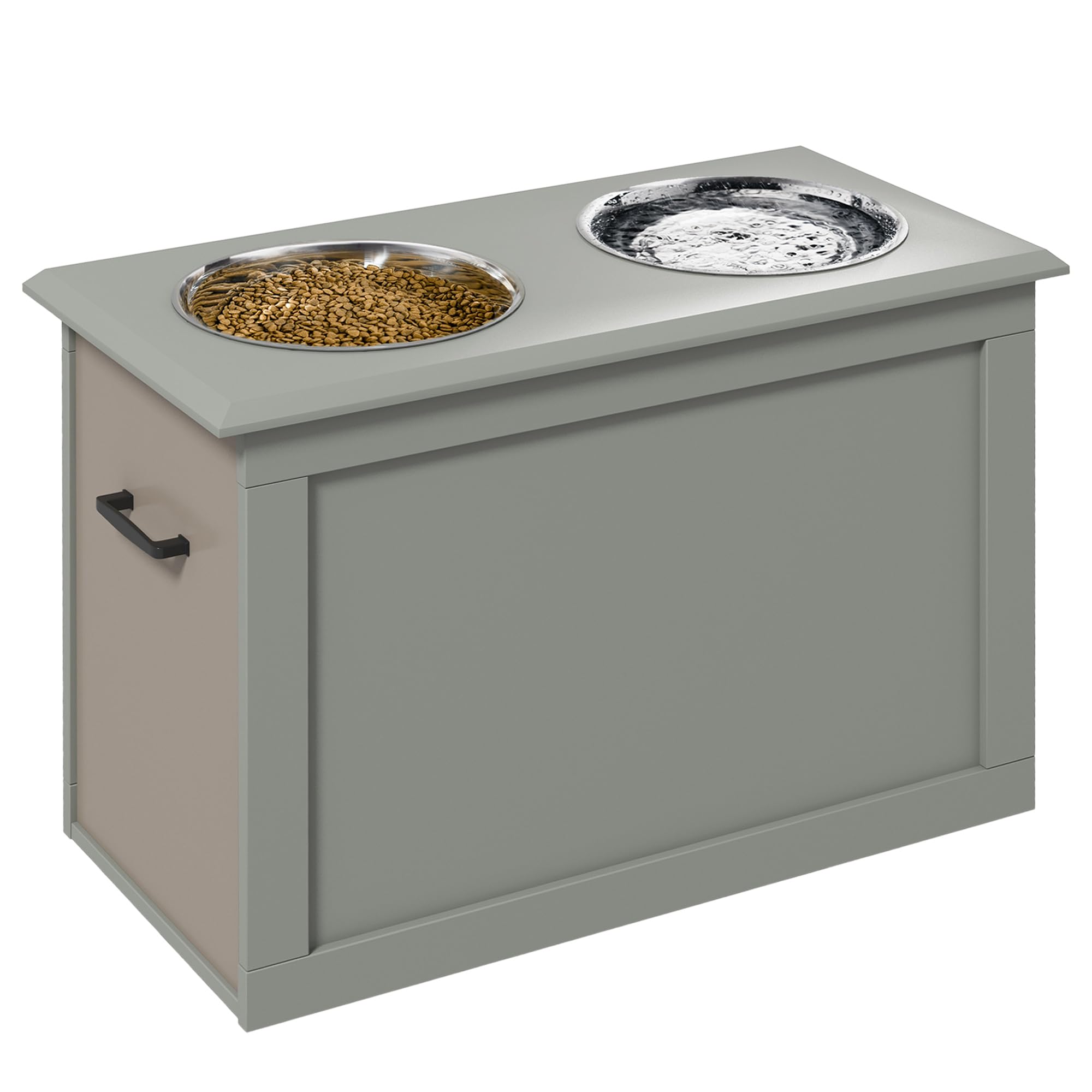 PawHut Elevated Dog Bowls Stand with 2 Stainless Steel Bowls & Storage Base - Adjustable Height Pet Feeder for Large Dogs (Grey) - Perfect for Dining Areas, Kitchens & Outdoor Feeding Stations