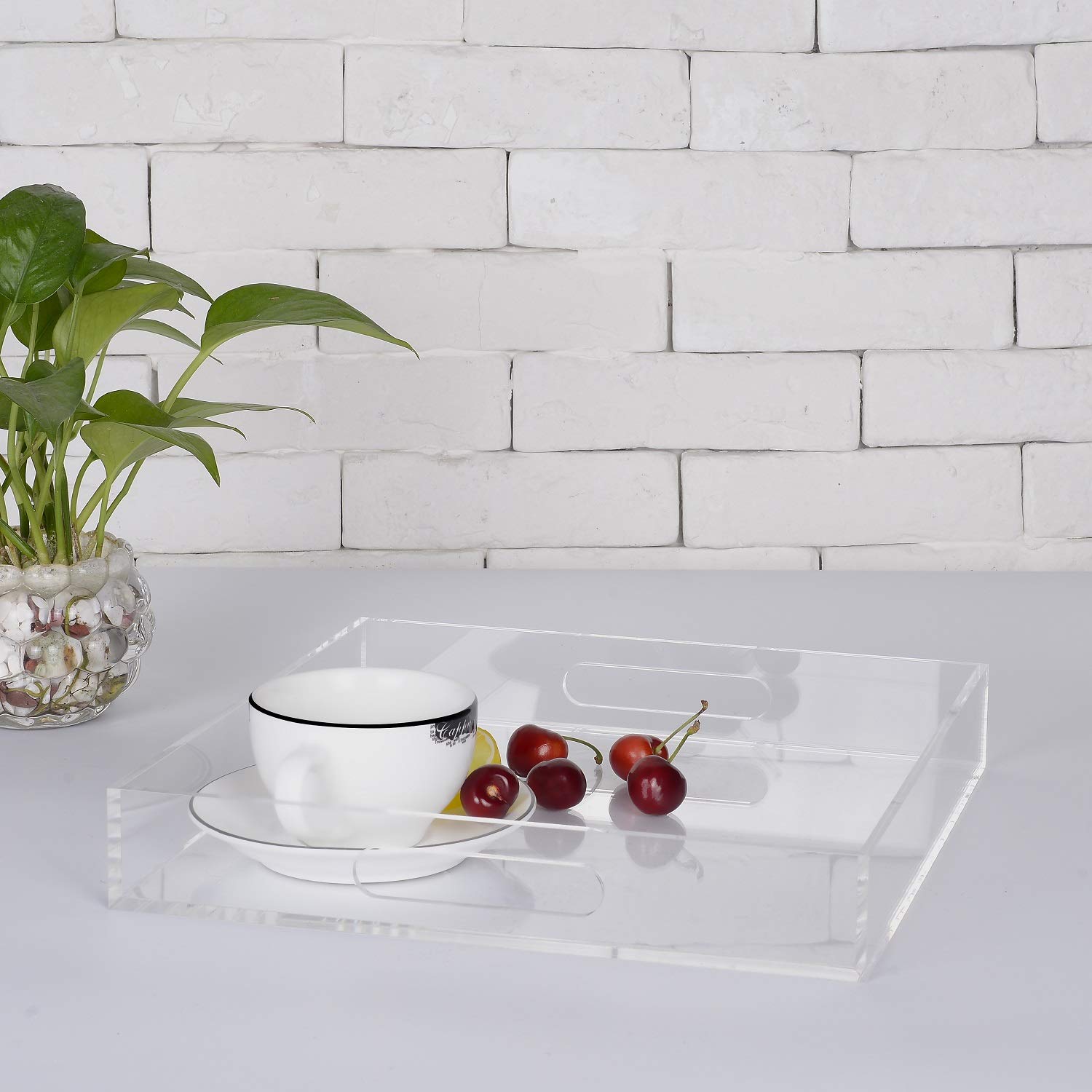 Clear Acrylic Serving Tray 10x10 Inch - Kitchen & Vanity Organizer for Coffee, Makeup, Decor