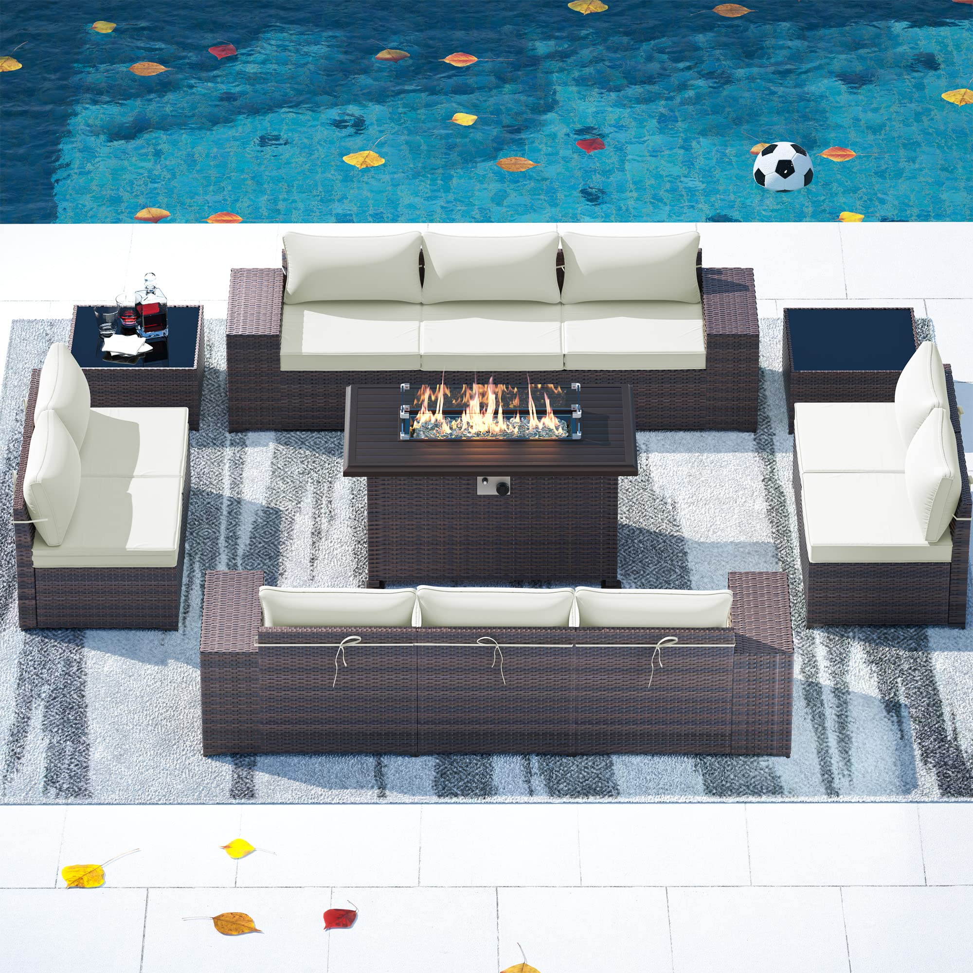 Gotland 13-Piece Large Outdoor Furniture Set - 10-Seater Wicker Patio Set with Fire Pit Table, All-Weather Deck Conversation Set (10 Sofa Seats, 2 Coffee Tables & 4