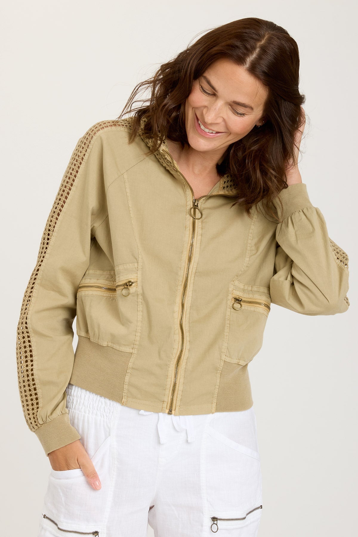 Gillian Bomber Jacket - Linwood Sands Pigment Coated Waterproof Windbreaker for Men & Women | Outdoor Hiking, Travel, and Casual Wear