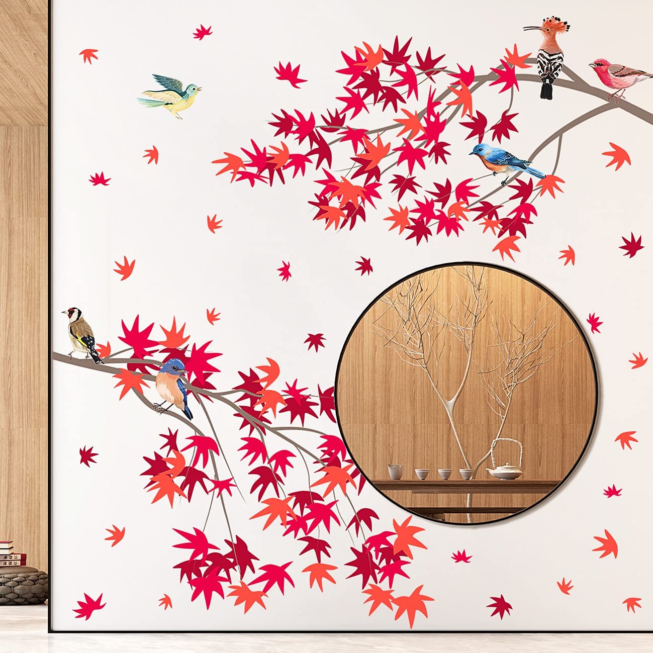 Thanksgiving Maple Leaf Wall Decals - Fall Red Leaves with Birds on Branches, Removable Peel & Stick Vinyl Wall Art for Autumn Home Decor | Perfect for Kids Bedroom, Nursery, and Seasonal Thanksgiving Party Decorations
