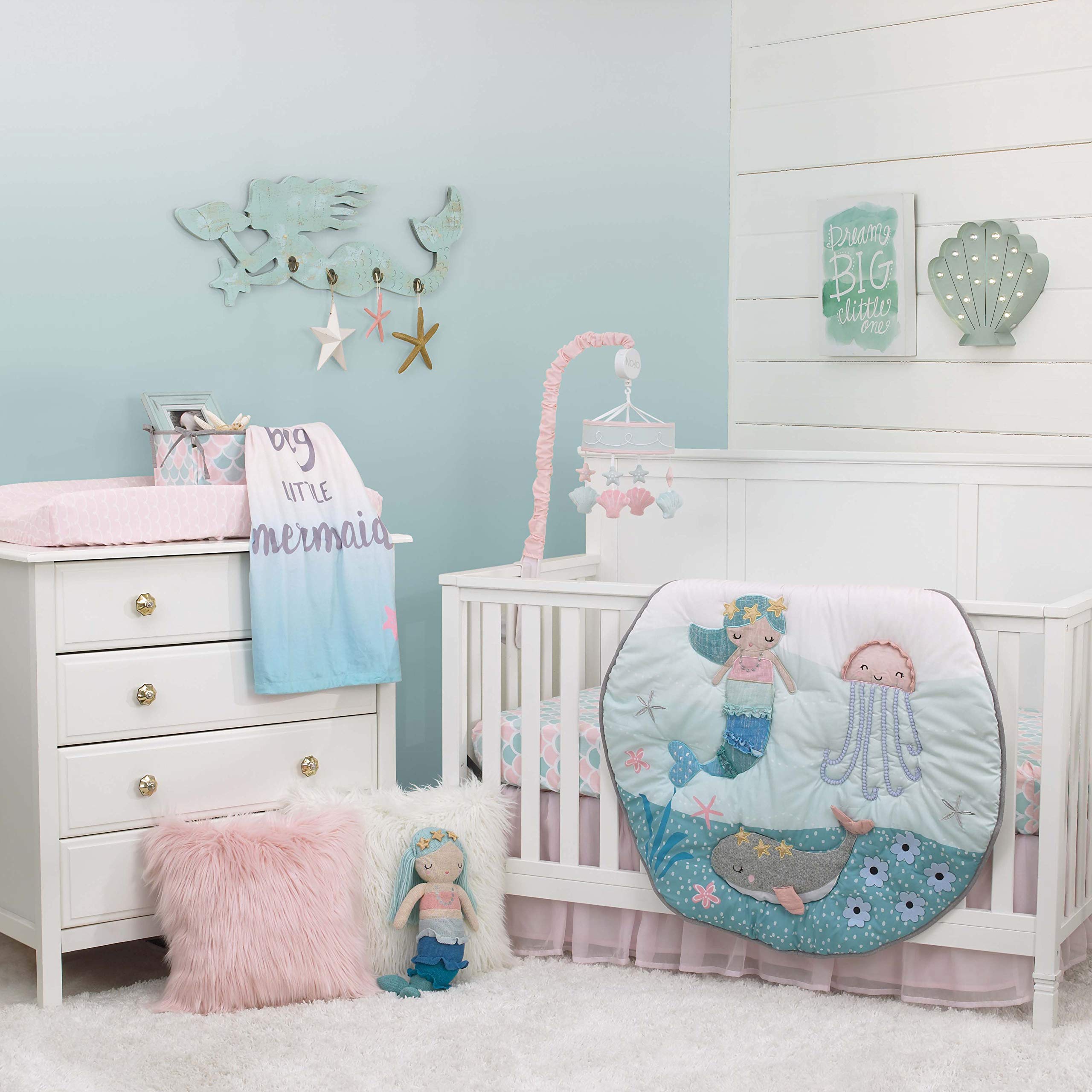 NoJo Sugar Reef Mermaid Whimsy Musical Mobile - Nursery Crib & Changing Table Baby Mobile with Aqua Pink Shells & Starfish - Perfect for Soothing Newborns & Decorating Ocean-Themed Nurseries