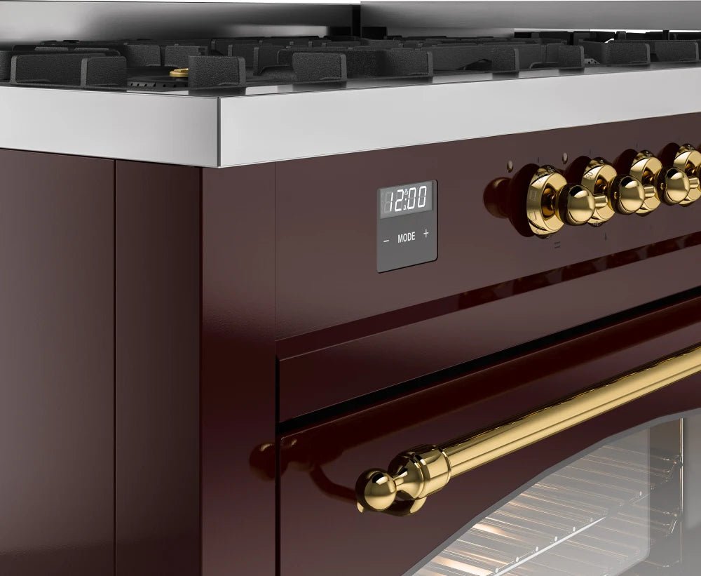 ILVE Nostalgie II 60-Inch Dual Fuel Natural Gas Range - Burgundy with Brass Trim (UP60FNMPBUG) | Professional Kitchen Stove for Home Chefs & Gourmet Cooking
