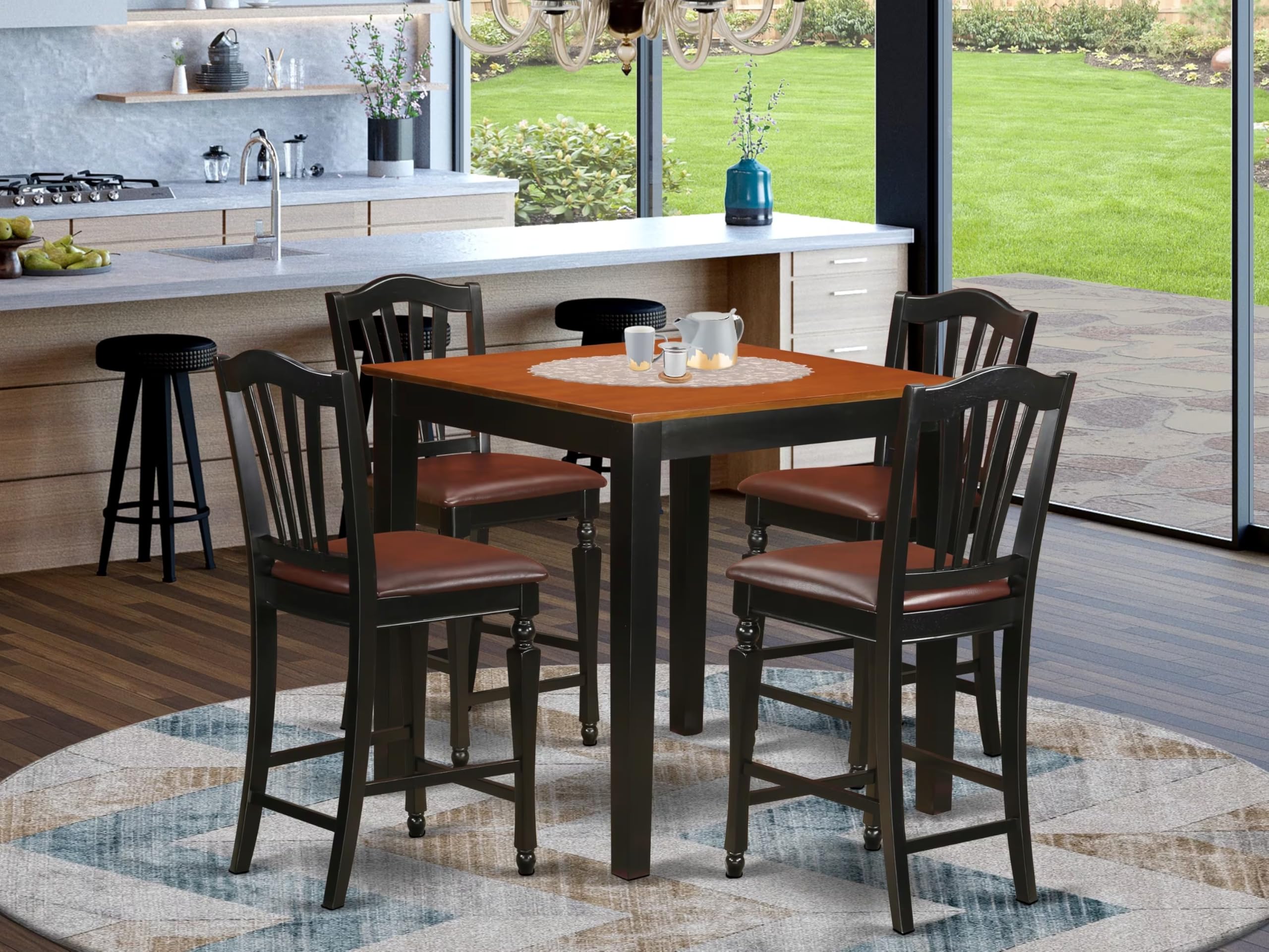 East West Furniture 5-Piece Kitchen Counter Height Dining Set - 36x36 Inch Square Table & 4 Faux Leather Chairs in Black & Cherry - Perfect for Small Spaces, Breakfast Nooks, and Modern Apartments