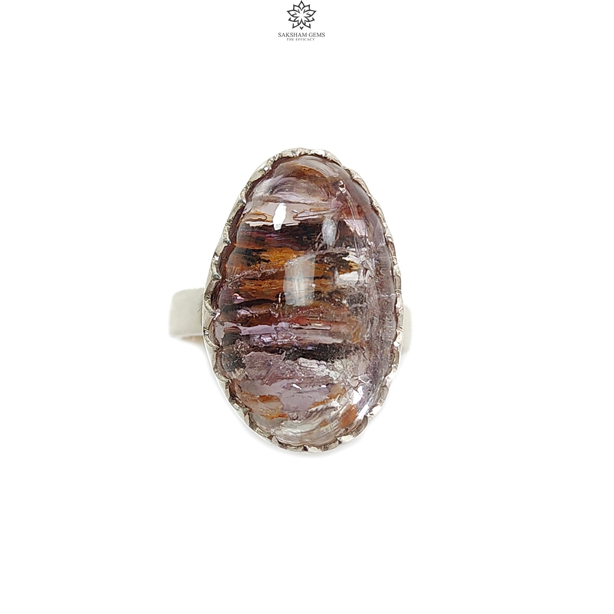 Natural Untreated Super Seven Amethyst Oval Ring - 925 Sterling Silver Adjustable Bezel Set Jewelry (8.57g) for Women's Fashion & Spiritual Healing
