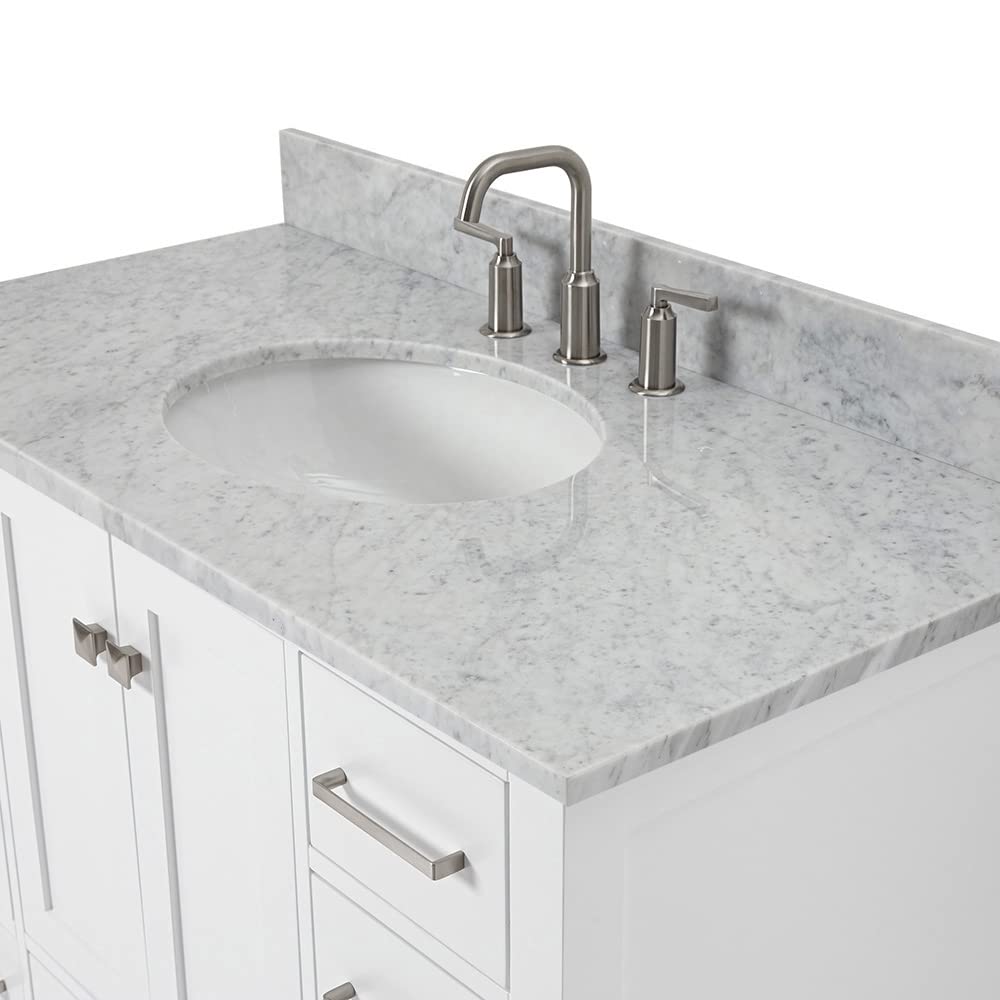 Ariel Cambridge 43 Inch White Bathroom Vanity with Sink - Solid Wood Vanity Cabinet, Carrara Marble Countertop & Oval Undermount Single Sink - 2 Soft Closing Doors & 9 Drawers - Perfect for Modern Bathroom, Master Bath, or Powder Room Remodel