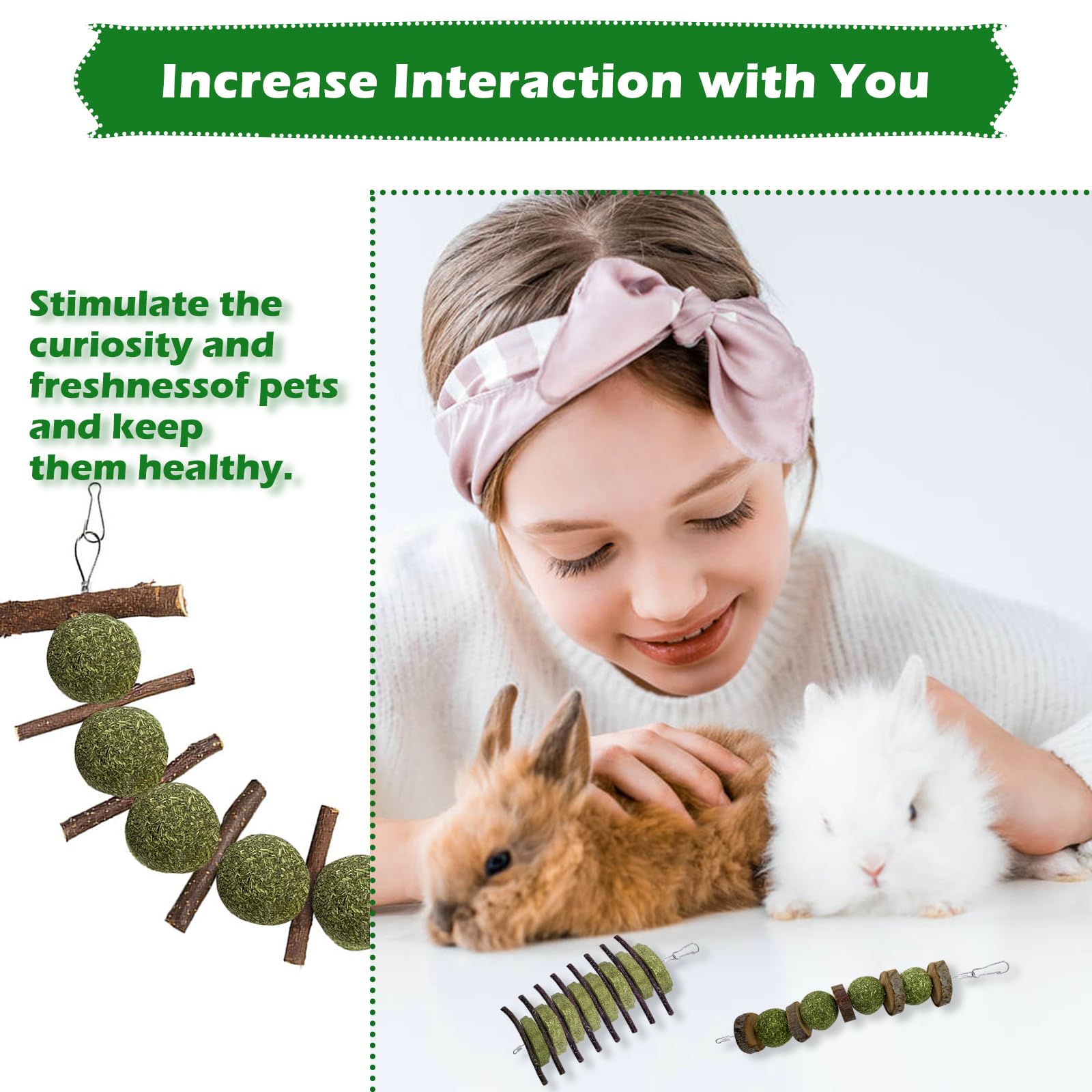 Organic Apple Wood Bunny Chew Toys for Teeth Grinding - 3 Pack Hanging Rabbit Toys with Grass Cake Treats - Safe for Rabbits, Guinea Pigs, Chinchillas, Hamsters, Gerbils & Rats - Perfect for Cage Enrichment & Dental Health