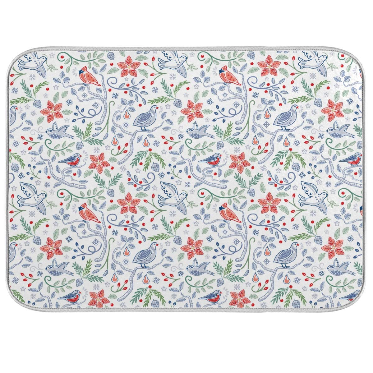 Reversible Microfiber Dish Drainer Mat 16x18in - Floral Birds Kitchen Drying Mat for Sinks & Countertops