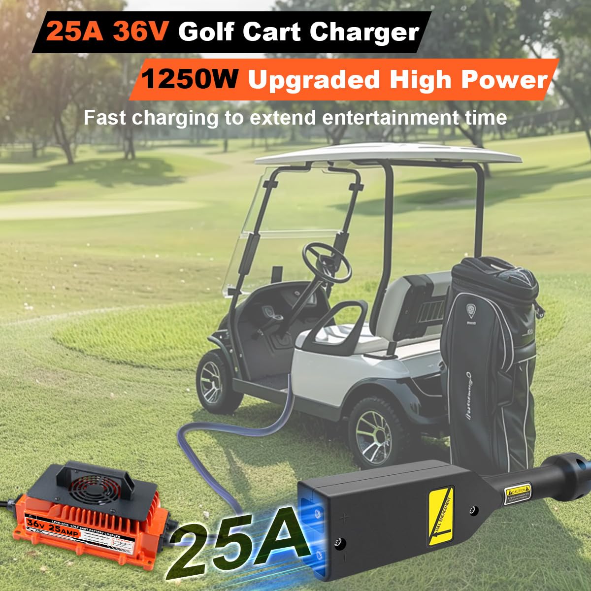 25 AMP 36 Volt Golf Cart Battery Charger for EZGO TXT 36V - 1250W Lead-Acid Charger with 2-Pin D Style Plug | Fast Charging for Golf Carts, Electric Vehicles & Outdoor Power Equipment