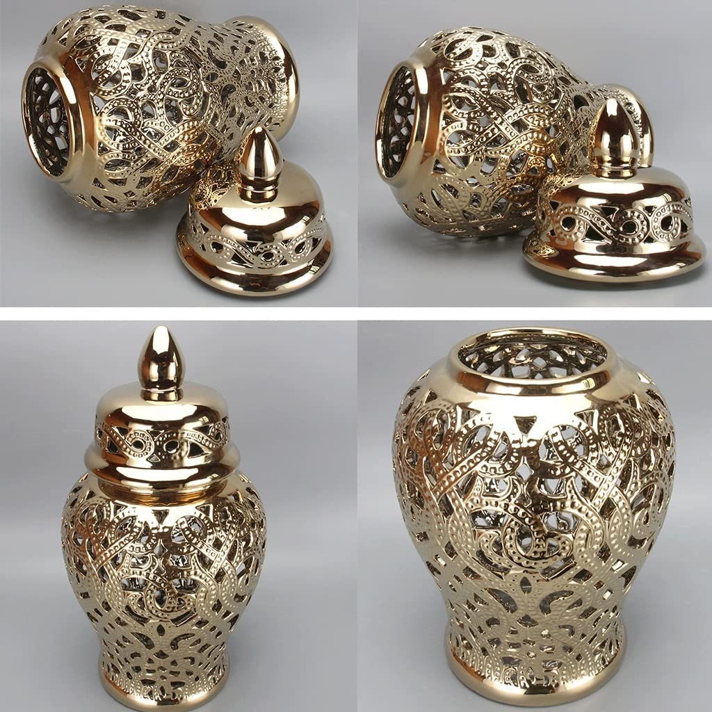 **ARLINE Decorative Ceramic Ginger Jar with Lid - Handcrafted Gold Lattice Vase for Home Decor, Wedding Gift, or Feng Shui Temple Display (Large Size, Elegant Home Accent)**