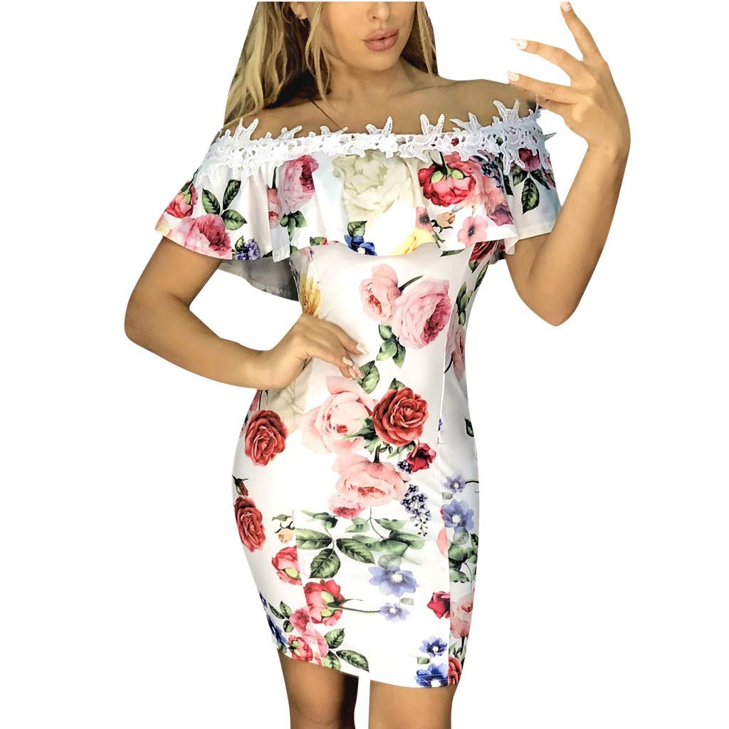 Wintialy Women's Sleeveless Floral Print Lace Applique Ruffled Bodycon Mini Dress - Sexy Party, Clubwear & Summer Cocktail Dress for Women