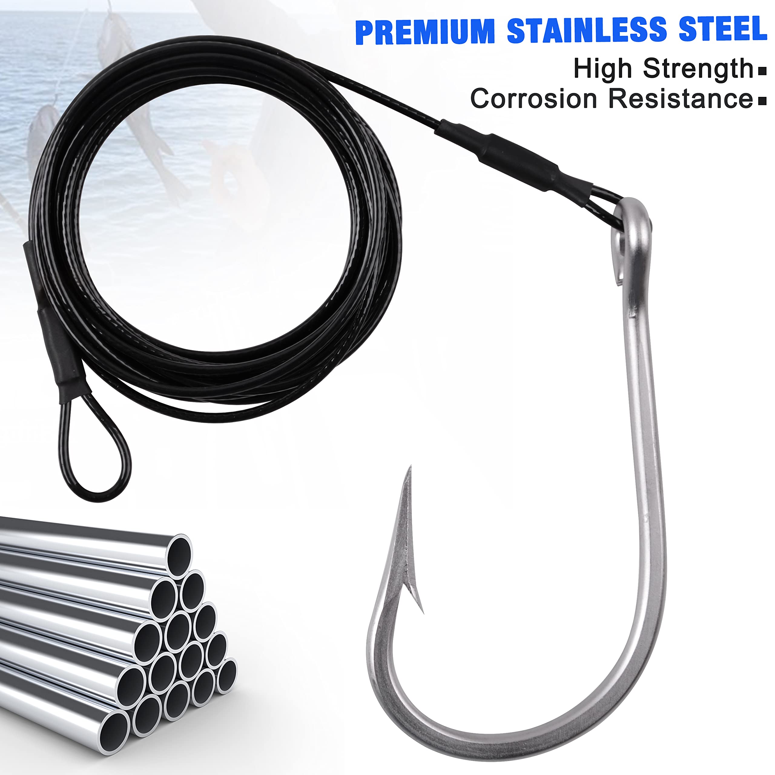 2pcs Surf Fishing Leader Rigs with Tuna Shark Hooks - Stainless Steel Cable Leader Wire for Deep Sea Fishing - Big Game Shark & Tuna Rig for Toothy Fish - Perfect for Saltwater Surf Fishing & Offshore Angling