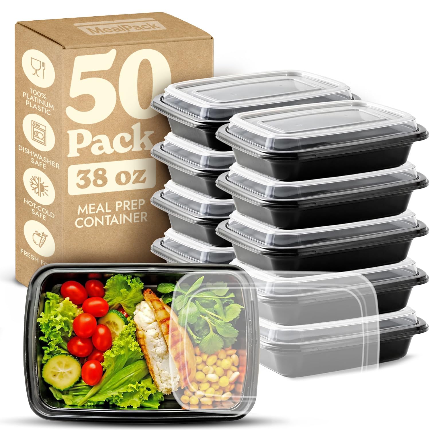 50 Pack Reusable Meal Prep Containers with Lids - 38 Oz Single Compartment Food Storage Containers for Meal Prepping, Leftovers & On-the-Go Lunches | BPA-Free, Microwave & Dishwasher Safe | Perfect for Office, School, Picnics & Camping