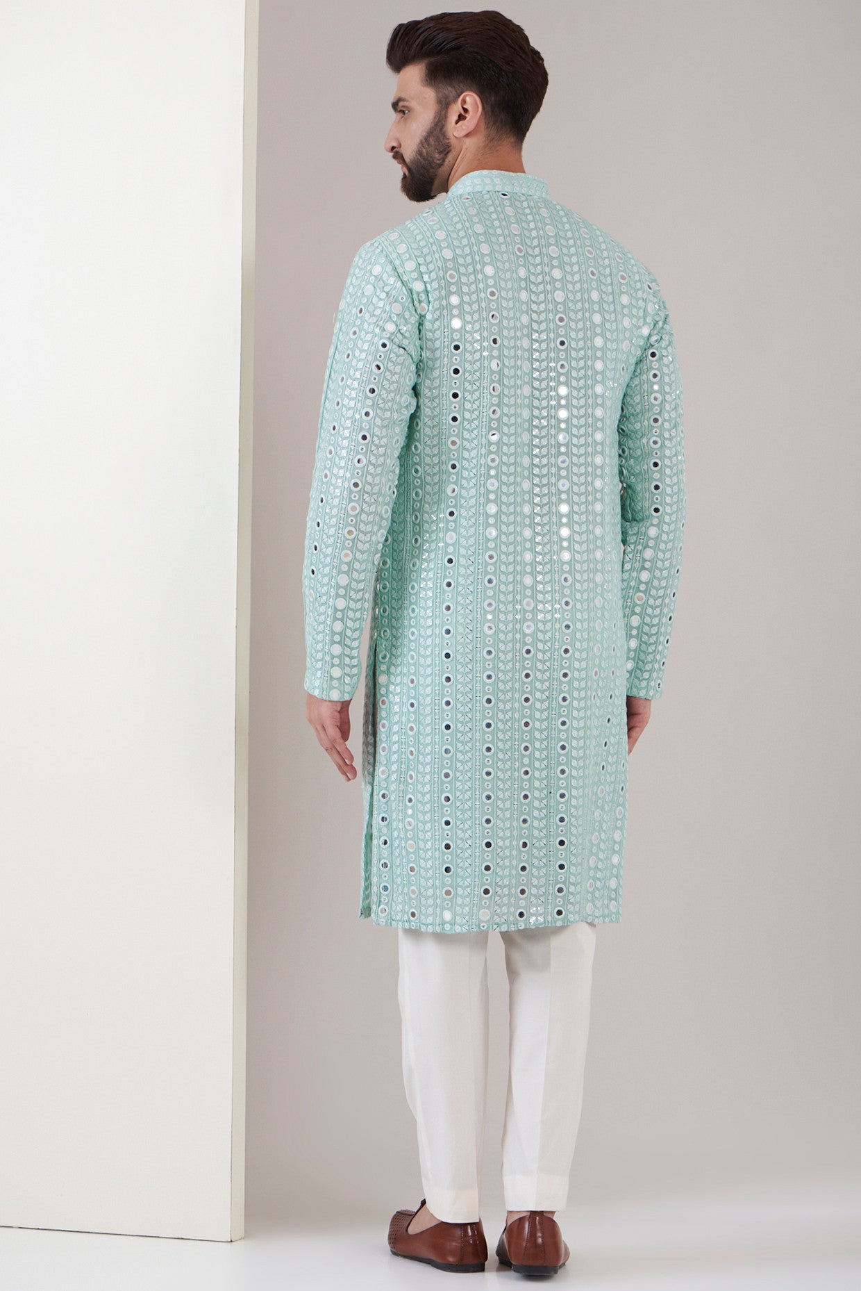 Stylish Ice Blue Mirror Work Kurta for Women – Elegant Embroidered Indian Tunic Top for Festivals & Parties
