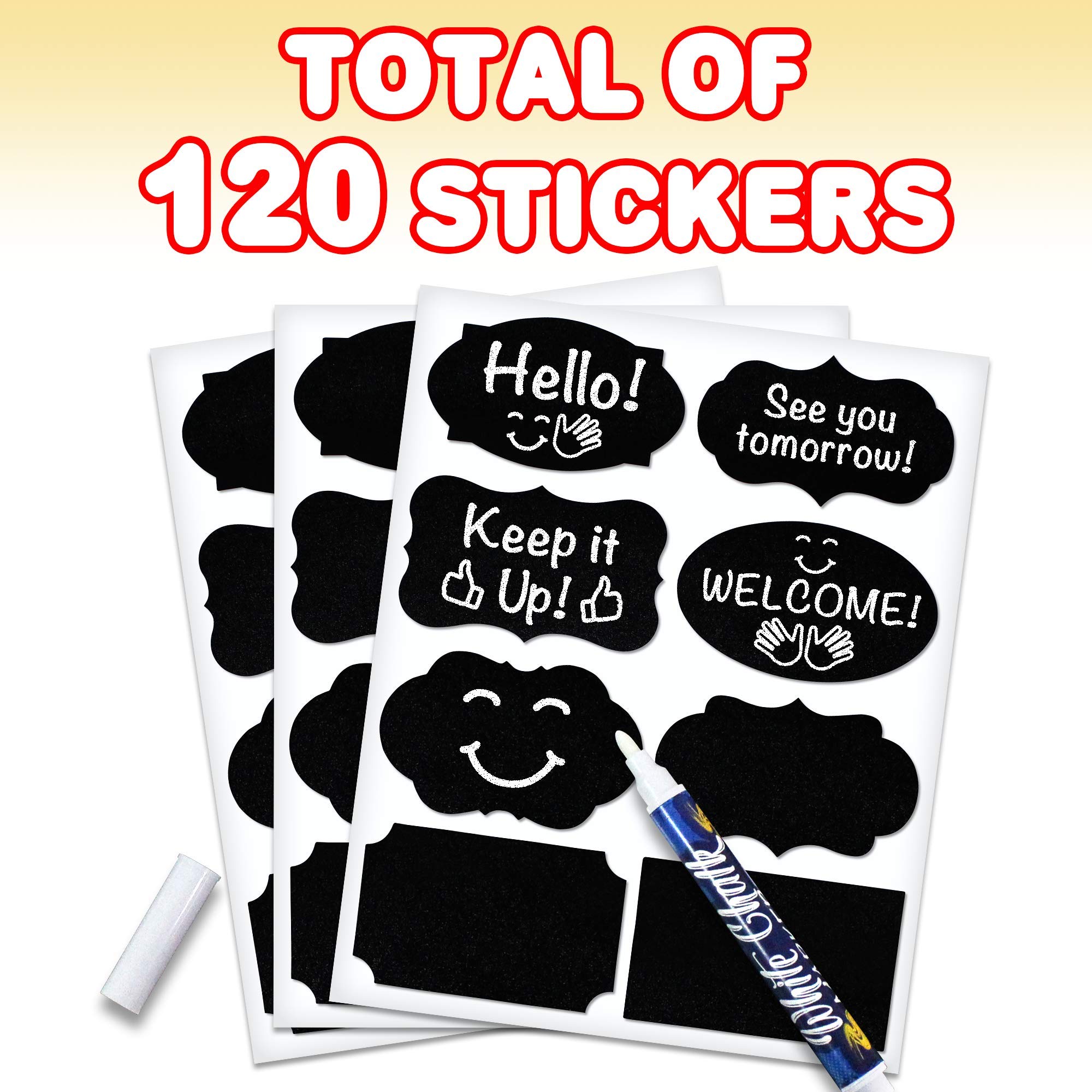 ArtCreativity 120-Pack Chalkboard Labels for Buckets & Jars - Includes Liquid Chalk Marker - Waterproof, Erasable & Reusable Stickers for Organizing Art Supplies, Pantry & Craft Rooms (Assorted Designs)