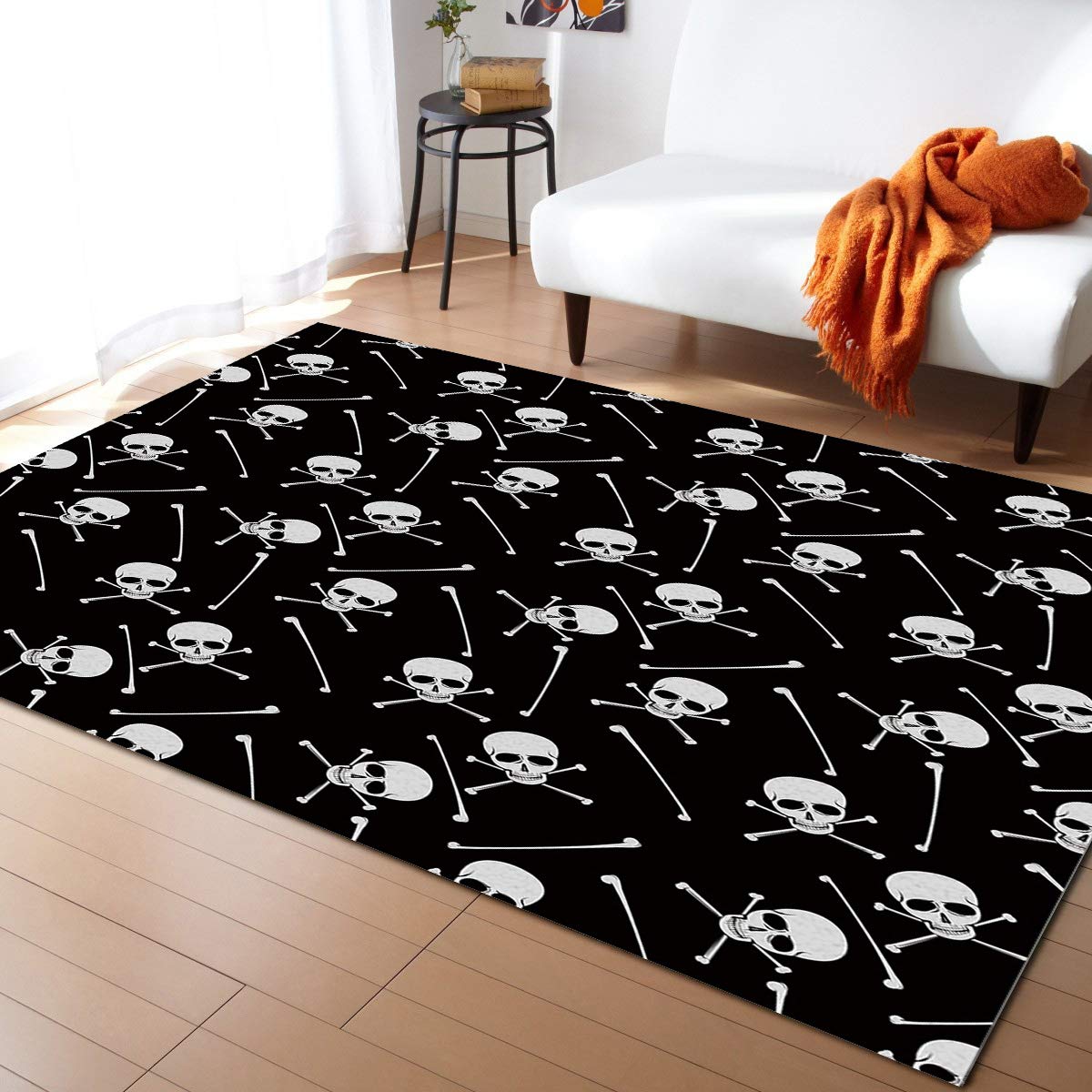 Black and White Skull Print Area Rug - Non-Slip Foldable Bone Design Decorative Carpet for Living Room, Bedroom, Dining Room | 5x6ft | Stylish Home Decor for Gothic & Modern Interiors