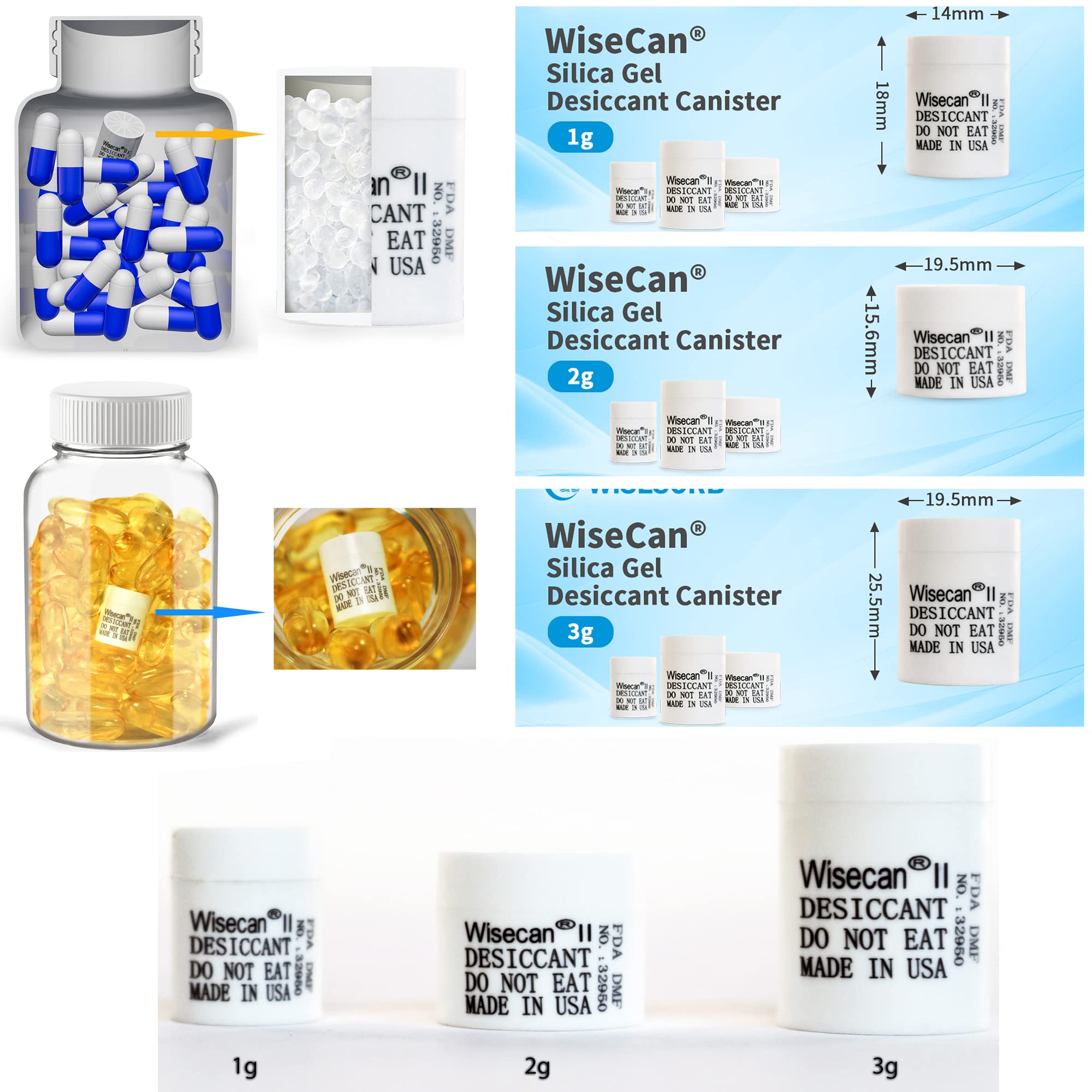 50 Pack 3 Gram Silica Gel Canister Desiccants - Food Safe Moisture Absorbers for Dry Storage | Wisecan Dehumidifier Capsules for Food, Medicine & Electronics Protection