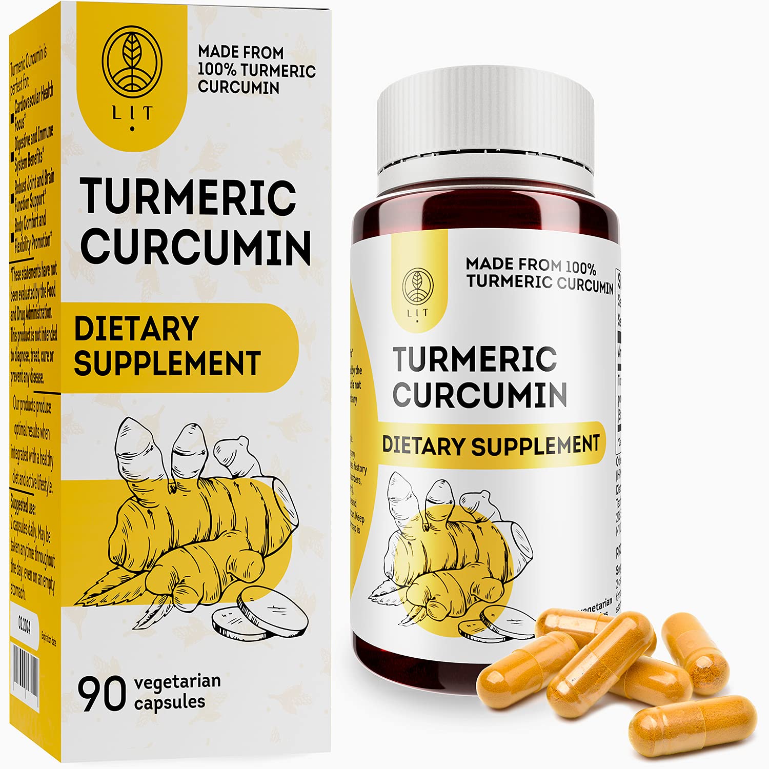 LIT Turmeric Curcumin Capsules - 90 Count Anti-Inflammatory Supplement for Pain Relief | All Natural, Gluten Free, Vegetarian Turmeric Extract | Supports Joint Health & Digestion | Perfect for Post-Workout Recovery & Daily Wellness