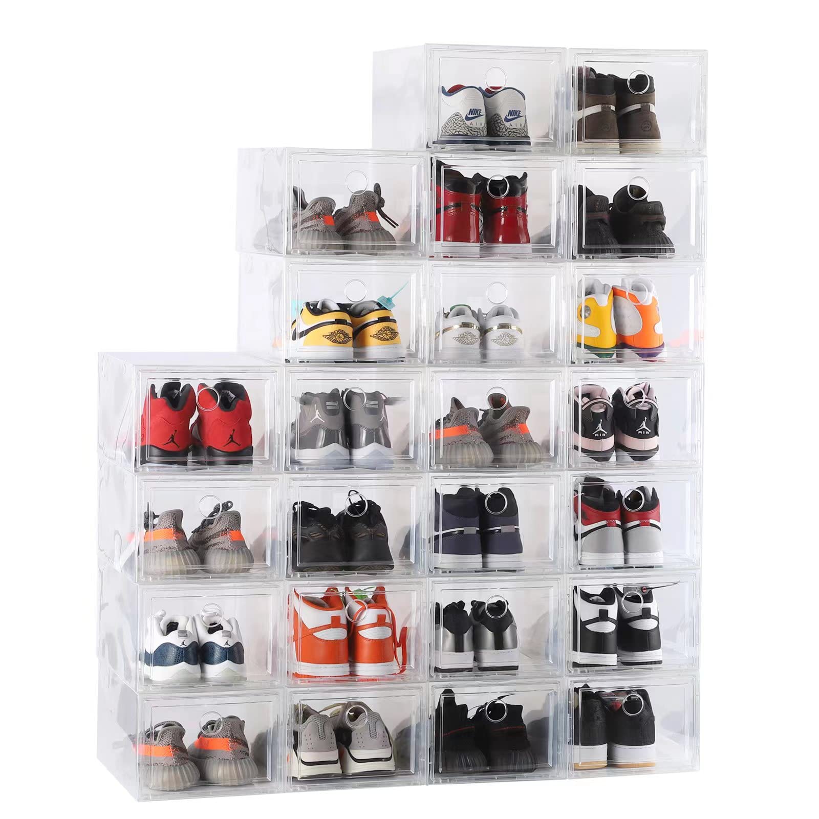 MUKIRAN HOME 24 Pack Clear Plastic Shoe Storage Boxes - Stackable Drawer Type Front Opening Shoe Holder Containers for Closet & Under Bed Organization (Transparent) | Perfect for Sneakers, Boots & Seasonal Shoe Storage