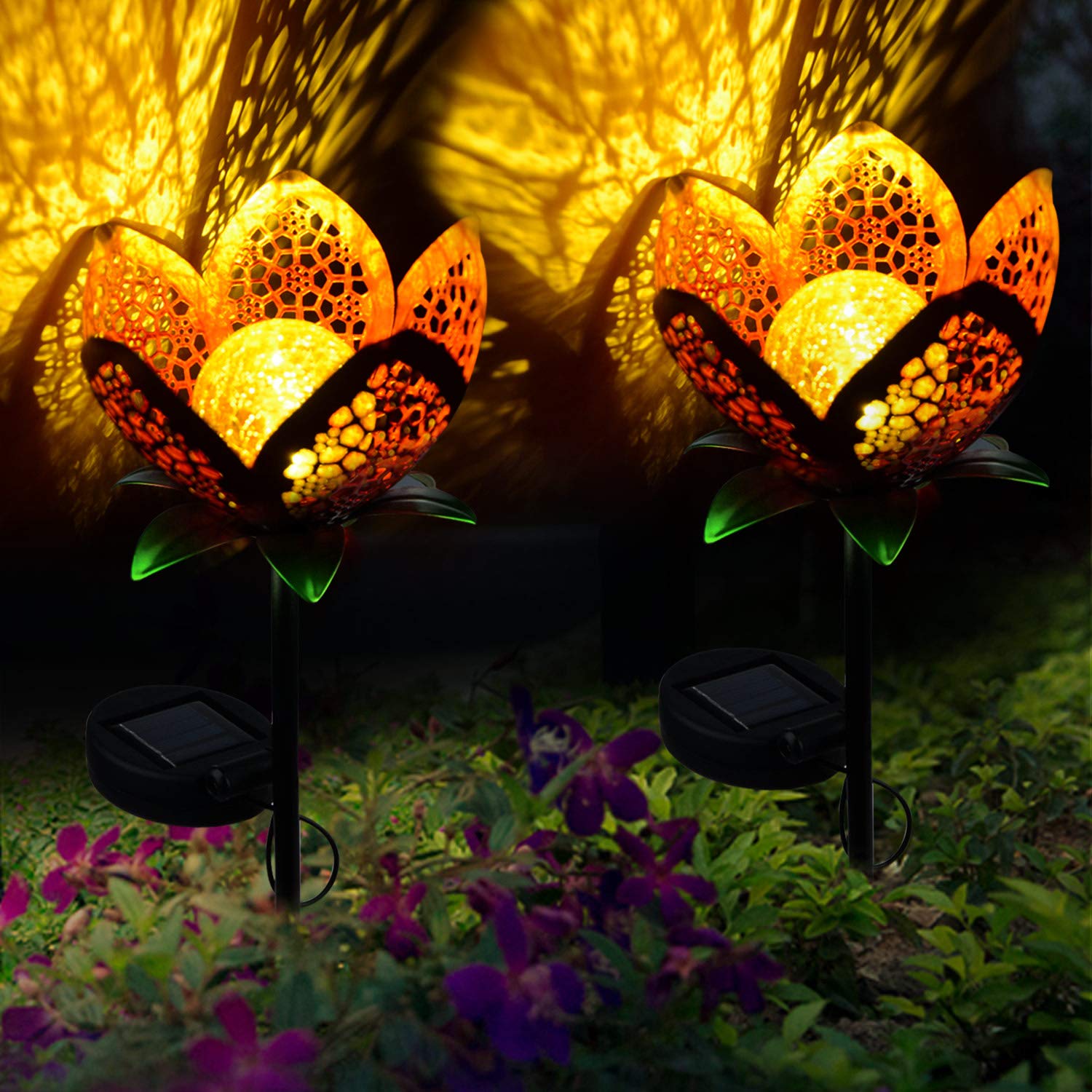 Asdomo 2 Pack Solar Powered Outdoor Garden Lights - Waterproof LED Solar Pathway Lights with Hollow Flower Design for Patio, Yard, Walkway, Backyard | Perfect for Landscape Lighting, Garden Decoration and Nighttime Safety