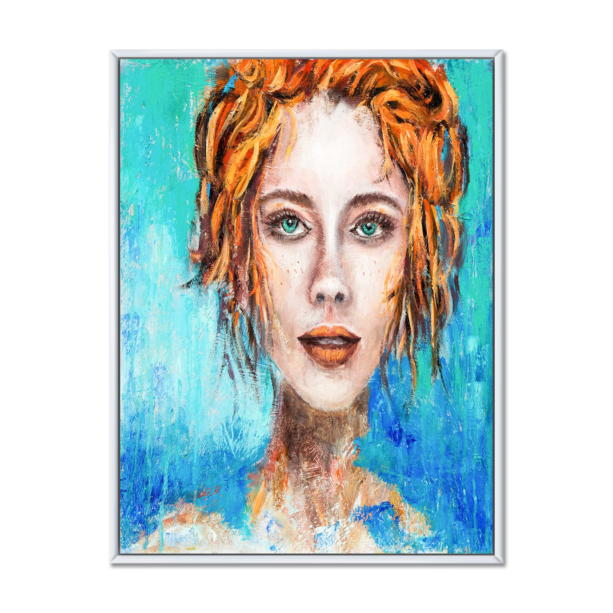 DesignQ Modern Framed Canvas Wall Art - Green Eyed Red Haired Woman Portrait Painting for Living Room, Bedroom & Office Decor