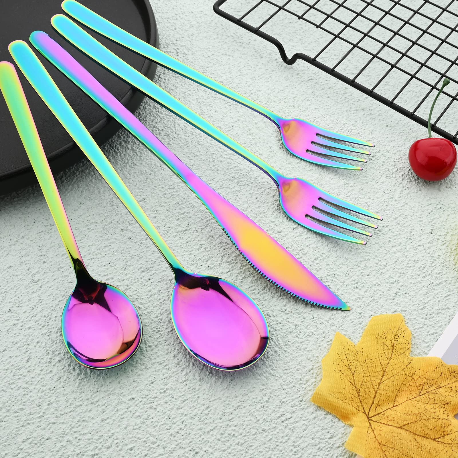 30-Piece Korean Style Silverware Set - Reusable SUS304 Stainless Steel Fork & Spoon Set - Mirror Finish Rainbow Utensils - Dishwasher Safe & Portable Flatware for Picnics, Parties & Home Dining