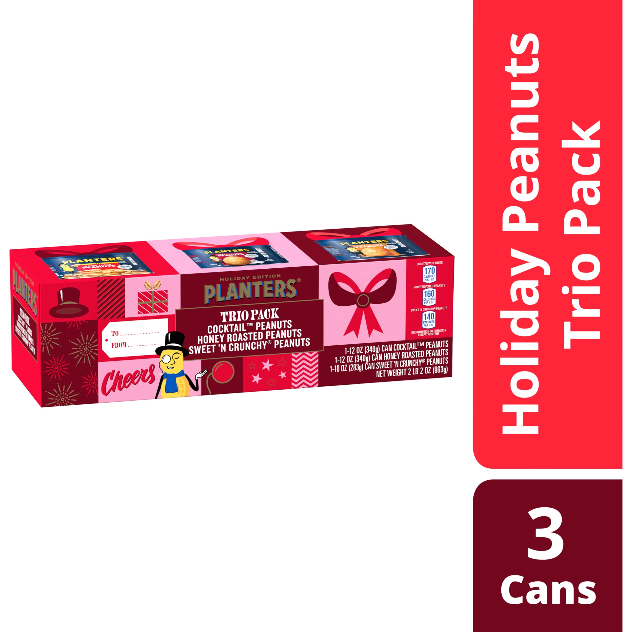 PLANTERS Peanuts Holiday Trio Pack - Sweet n Crunchy, Honey Roasted & Cocktail Peanuts Variety Snack Pack (3 Canisters) - Perfect for Office Snacks, Party Favors & Holiday Gifting