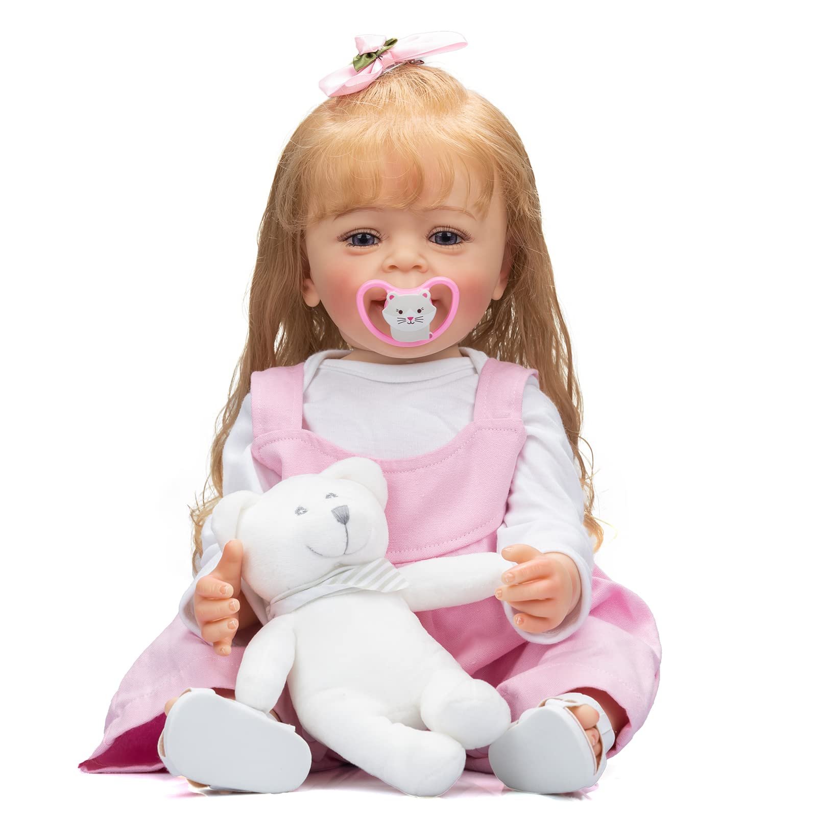 22 Inch Realistic Silicone Baby Doll - Lifelike Blonde Girl with Long Hair & Teeth, Pink Outfit - Perfect Gift for Kids Birthday, Role Play, Nursery Decor & Emotional Development