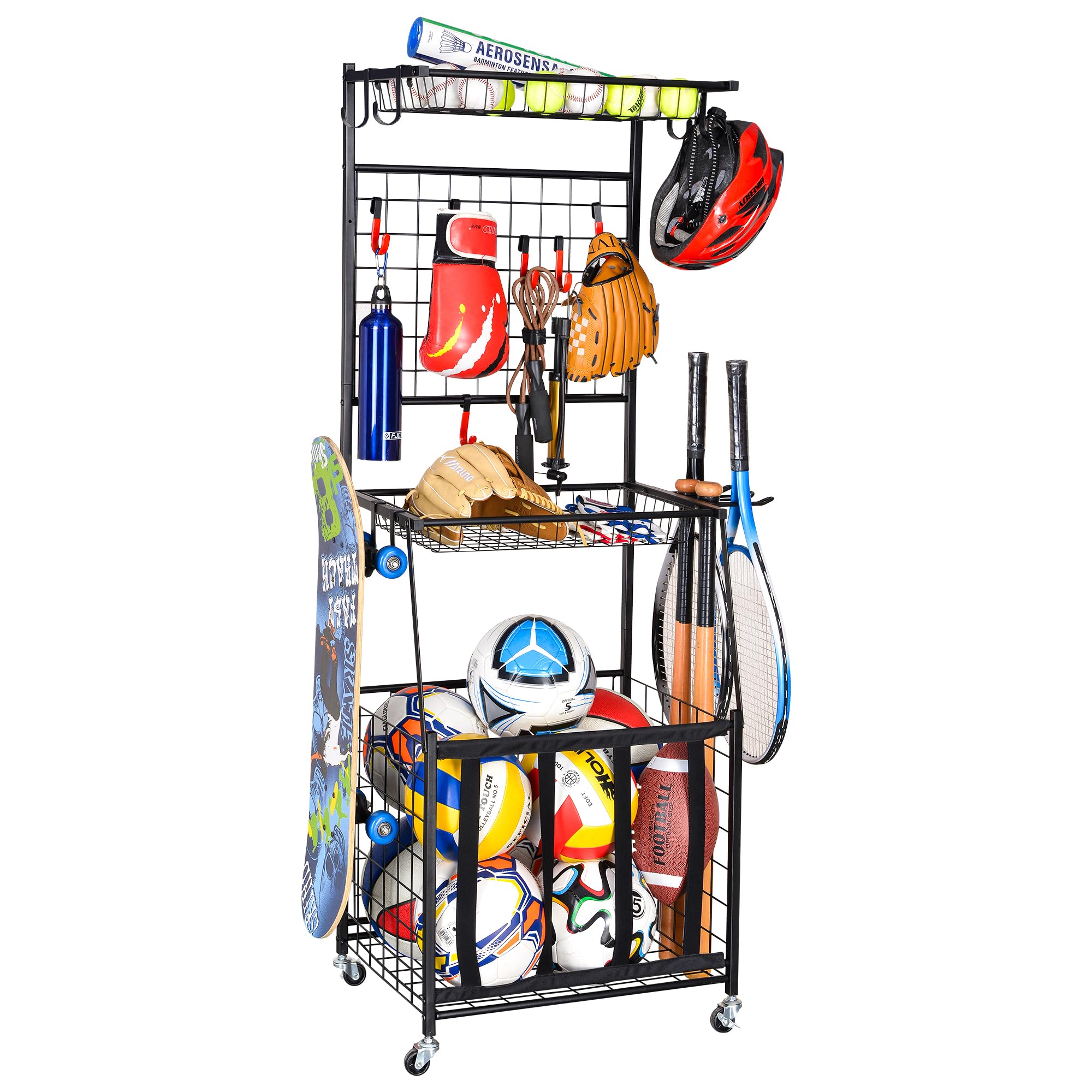 PLKOW Steel Ball Storage Rack - Heavy Duty Garage Organizer for Sports Equipment, Toys & Gear - Space Saving Black Storage Solution for Basketballs, Soccer Balls, Footballs & More - Perfect for Garage, Basement & Playroom Organization