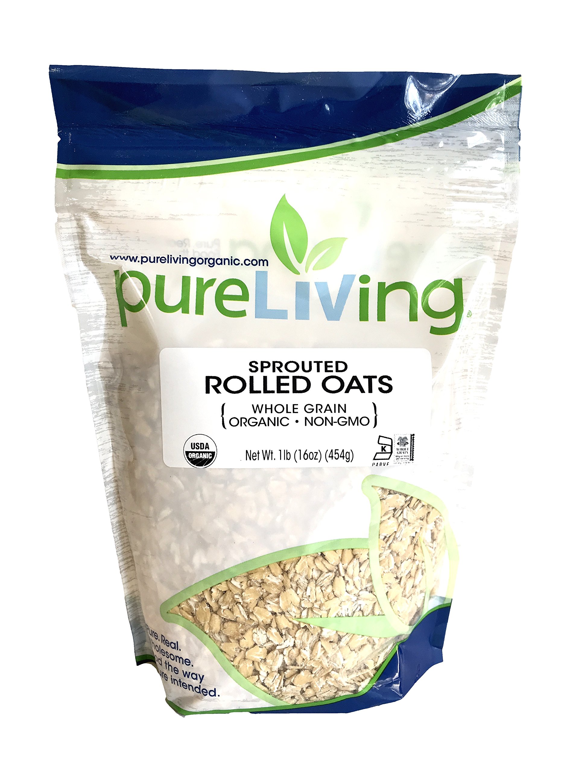 Organic Sprouted Rolled Oats - Non-GMO, Gluten-Free Whole Grain Breakfast Cereal - 16oz (1lb) Bulk Bag - Perfect for Oatmeal, Smoothies & Baking - Pure Living Brand