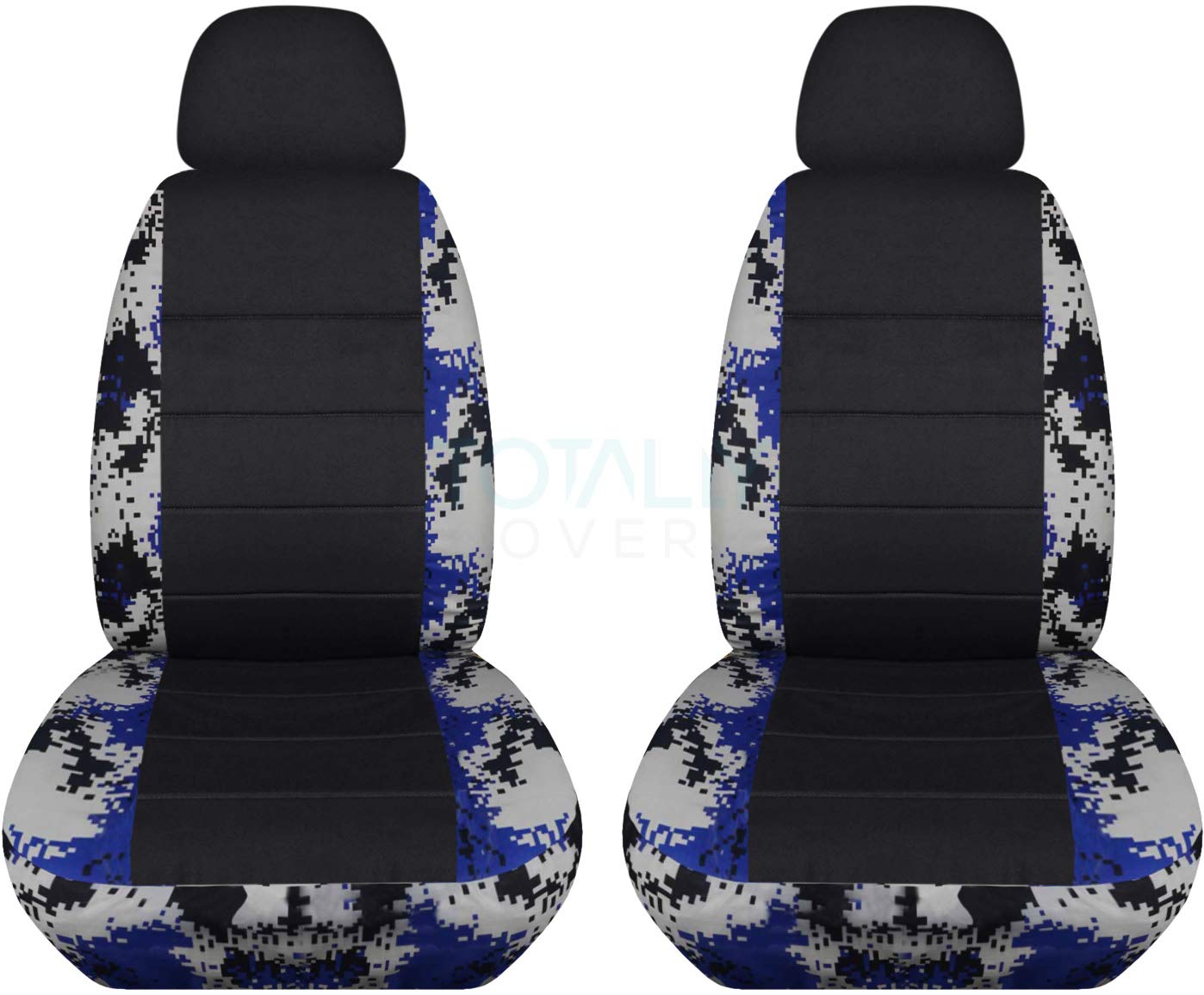Universal Front Car Seat Covers - Camouflage & Black with 2 Headrest Covers (White & Blue Digital Camo) | Semi-Custom Fit for Cars, Trucks, Vans, RVs & SUVs | 22 Print Options | Perfect for Outdoor Adventures & Daily Commutes