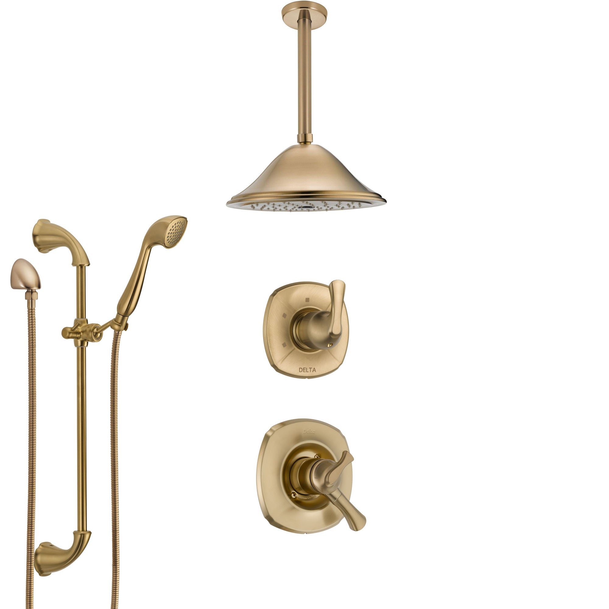 Delta Addison Champagne Bronze Shower System - Dual Control Handle, Diverter, Ceiling Mount Showerhead & Hand Shower with Slide Bar SS1792CZ3 | Luxury Bathroom Upgrade for Modern Homes & Spa-Like Experience