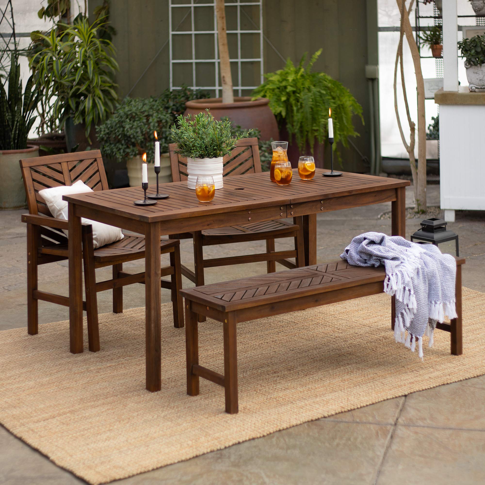 Walker Edison 5-Piece Outdoor Wood Chevron Patio Dining Set - All-Weather Dark Brown Table, Chairs & Bench for Backyard, Garden, Poolside & Balcony | Perfect for Outdoor Entertaining & Relaxation