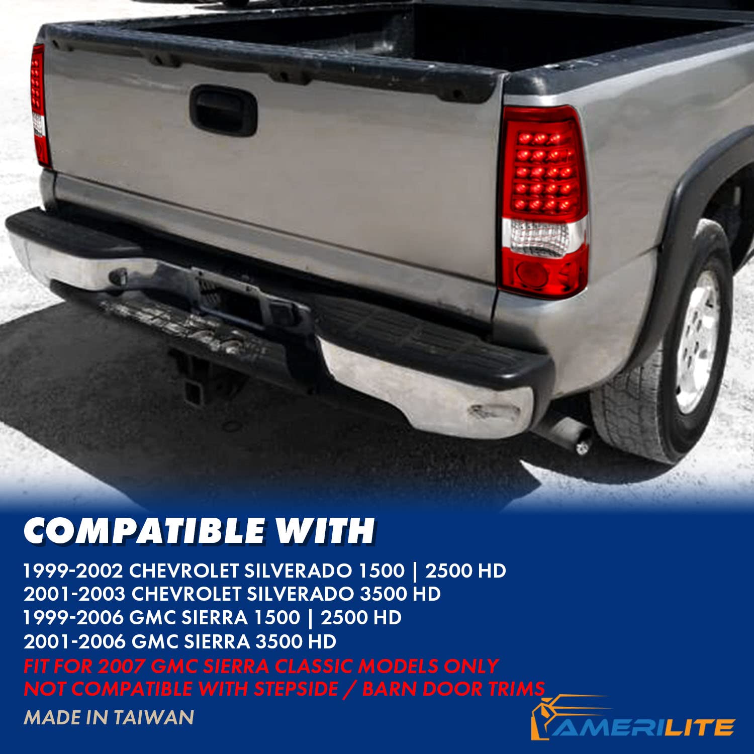 AmeriLite Red/Clear LED Brake Tail Lights Replacement Kit for 1999-2002 Chevy Silverado & 1999-2006 GMC Sierra - Pair (Left & Right Side) - Durable, Bright LED Lights for Enhanced Safety & Style - Perfect for Night Driving, Towing, and Off-Road Adventures