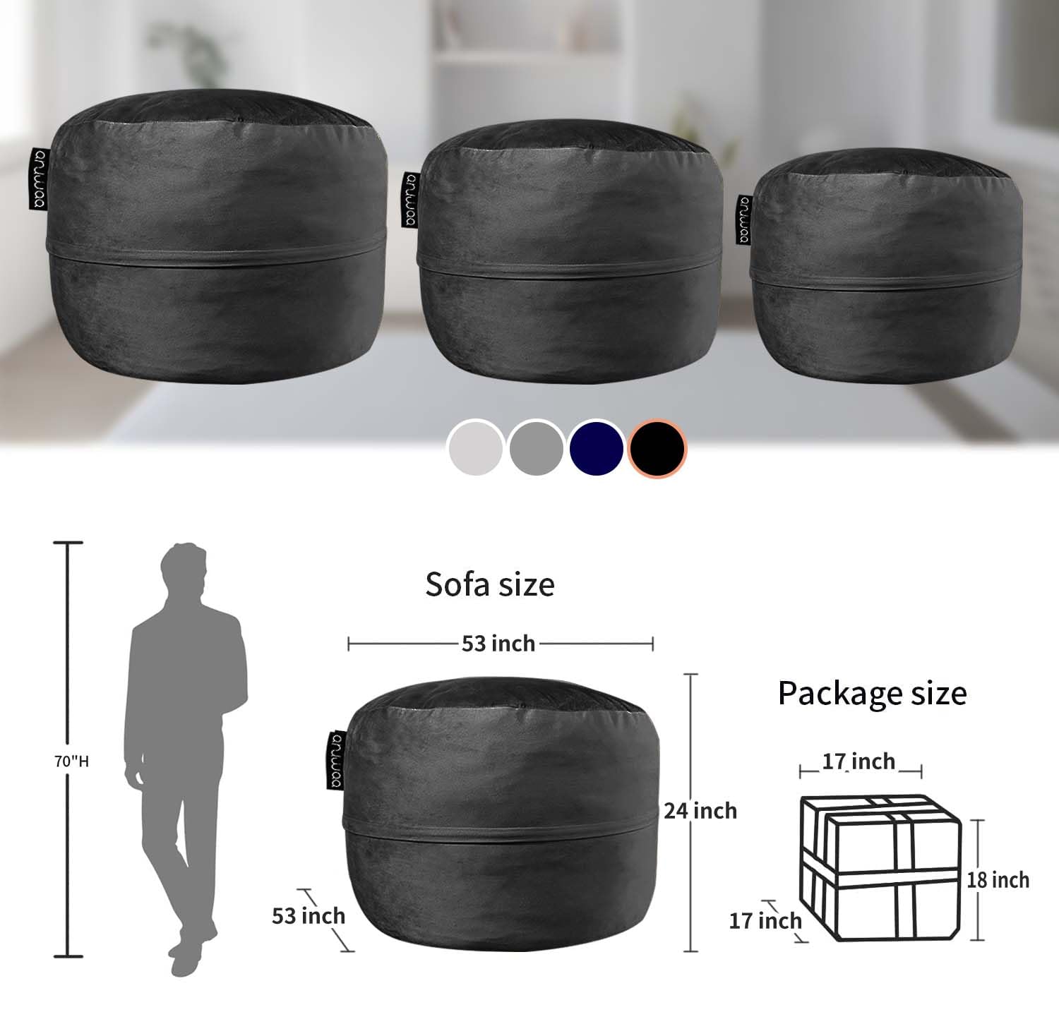 5FT Giant Memory Foam Bean Bag Chair for Adults & Teens - Oversized Lounger with Removable Dutch Velvet Cover (Black) - Perfect for Living Room, Bedroom, Game Room & Dorm Relaxation