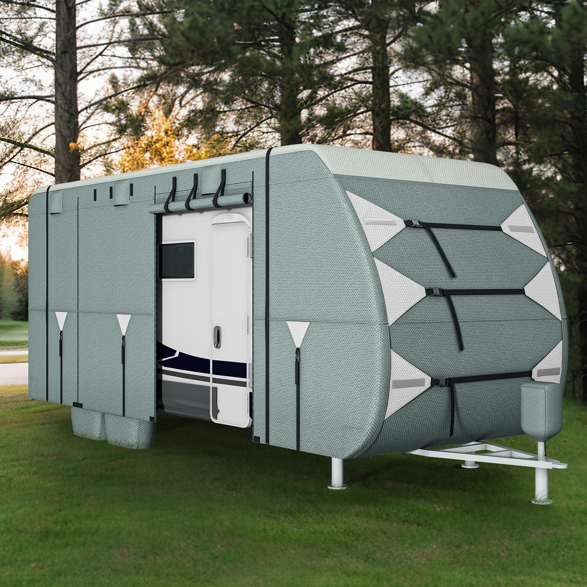 YITAHOME 18-20ft RV Cover - Heavy Duty Waterproof Windproof Camper Trailer Cover with UV Protection, 2 Straps & 4 Tire Covers - Perfect for Travel Trailers, Motorhomes, and Campers in All Weather Conditions