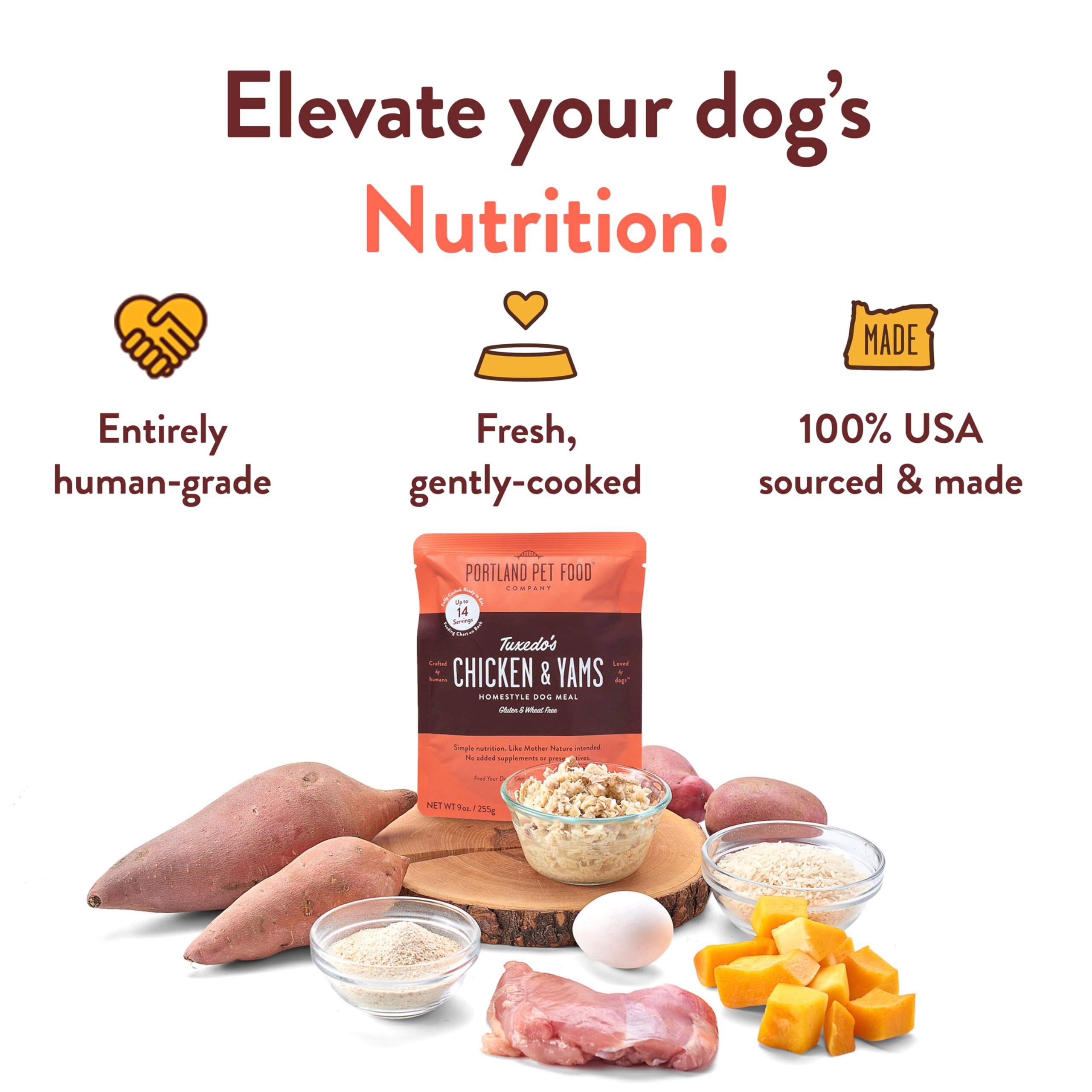 Portland Pet Food Company Tuxedo’s Chicken & Yams Wet Dog Food Pouches - Human-Grade, Grain-Free, Gluten-Free Dog Food Topper & Meal for All Breed Sizes - Made in USA - 8-Pack - Perfect for Picky Eaters, Senior Dogs & Mealtime Enhancement