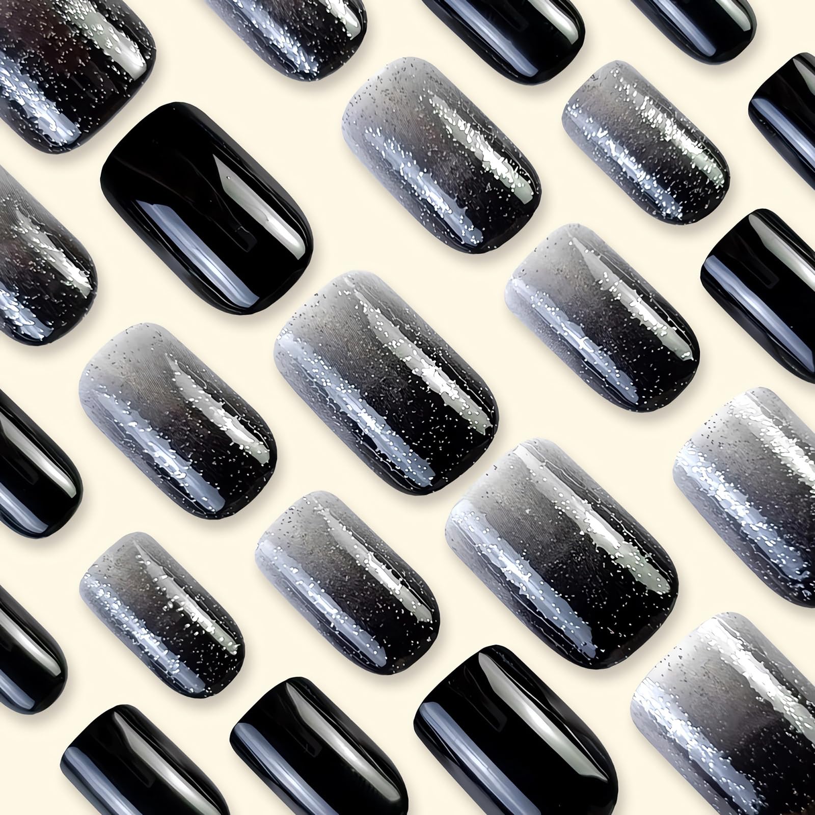 SINSEN Square Press on Nails - Medium Length Fake Nails with Gradient White Black Glossy Glitter Design, Reusable Artificial Static Nails for Women & Girls (24Pcs) - Perfect for Parties, Weddings, Date Nights and Special Occasions
