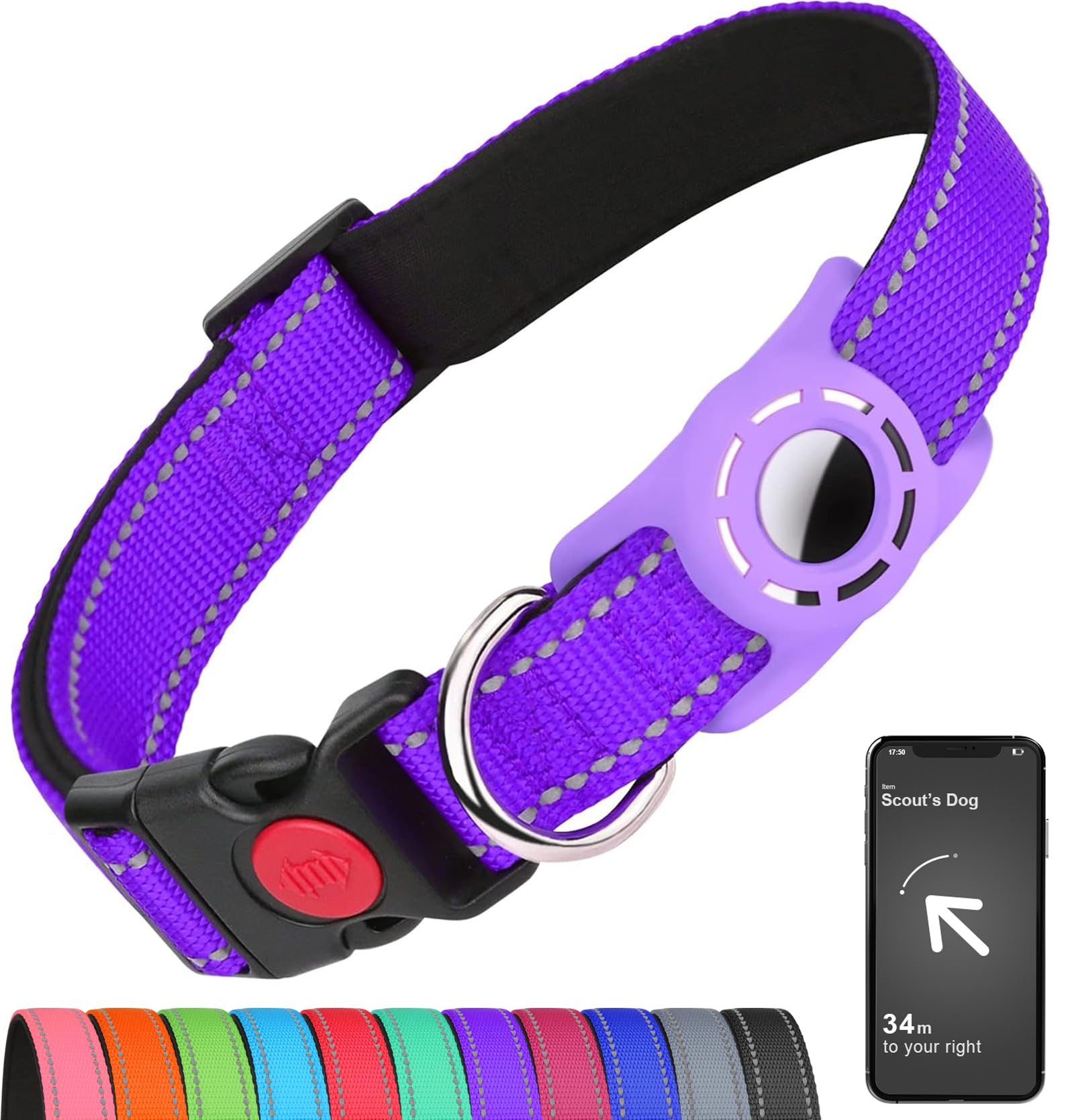 **AirTag Dog Collar with Holder - Reflective, Soft Padded & Safety Locking Buckle - Adjustable Nylon Pet Collar for Large Dogs (Purple) - Perfect for Tracking & Outdoor Adventures**