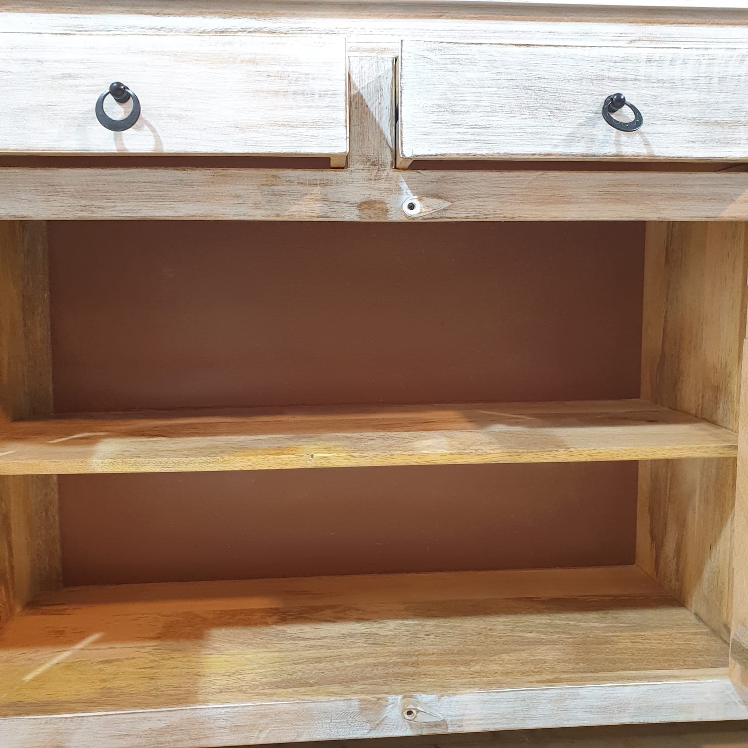 Handmade Carved Indian Mango Wood 4-Drawer 4-Door Sideboard Buffet Cabinet - Whitewashed Rustic Farmhouse Style for Dining Room Storage & Entryway Decor