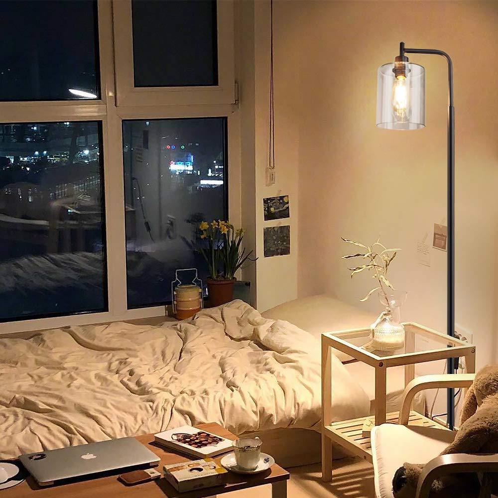 DLLT Industrial LED Floor Lamp with Clear Glass Shade - Tall Standing Light for Bedroom, Living Room & Office - Adjustable Reading Light with E26 Socket - Modern Black Pole Light for Home Decor & Workspace Lighting