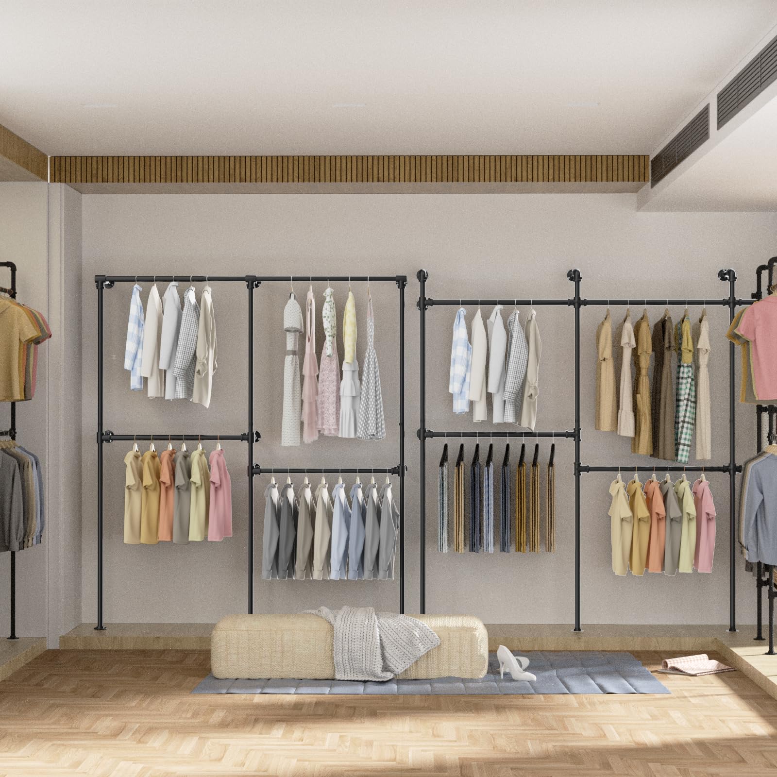 ROOMTEC Heavy Duty Industrial Pipe Clothing Rack - Wall Mounted Garment Rack with LED Lights & Shelves, Walk-in Closet System for Home, Office, or Retail Store Organization