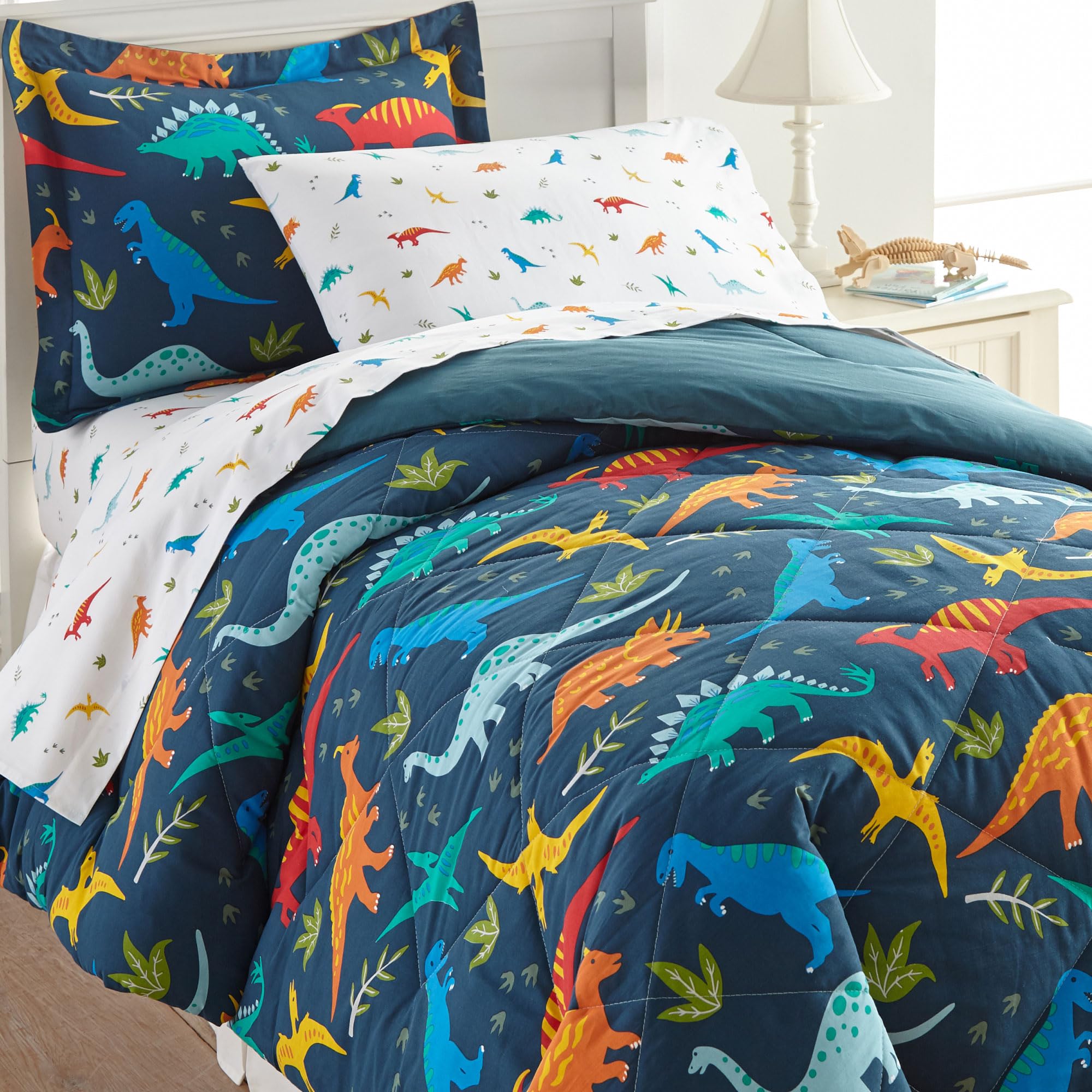 Wildkin 7-Piece Full Bedding Set - 100% Cotton Comforter, Sheets & Pillowcases - Jurassic Dinosaur Print - Soft & Breathable for Kids & Adults - Perfect for Bedrooms, Dorms & Sleepovers