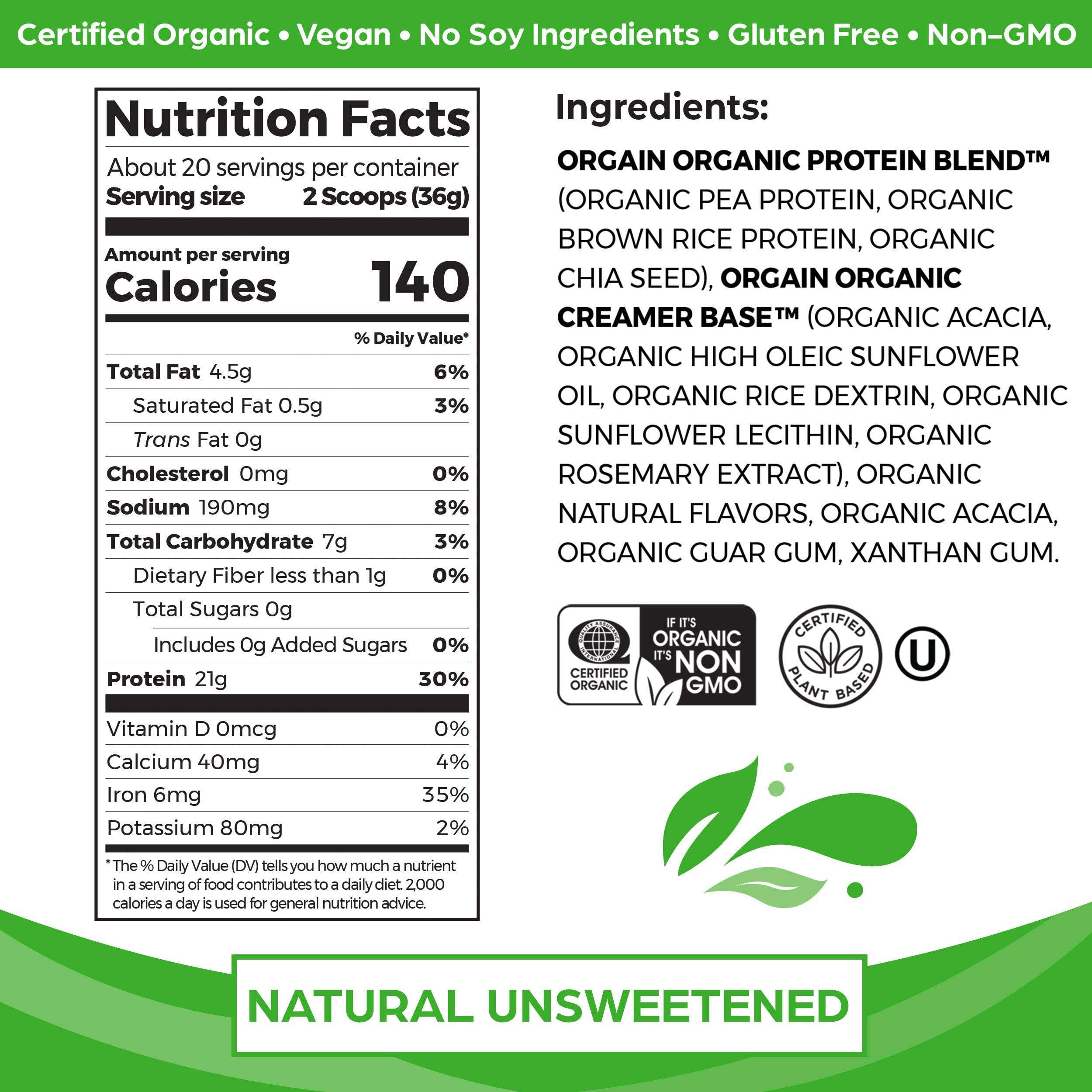 Orgain Organic Unflavored Vegan Protein Powder - 21g Plant-Based Protein, Dairy Free, Gluten Free, No Sugar Added, Soy Free, Non-GMO, 1.59 lb | Perfect for Smoothies, Baking & Post-Workout Recovery (Packaging May Vary)