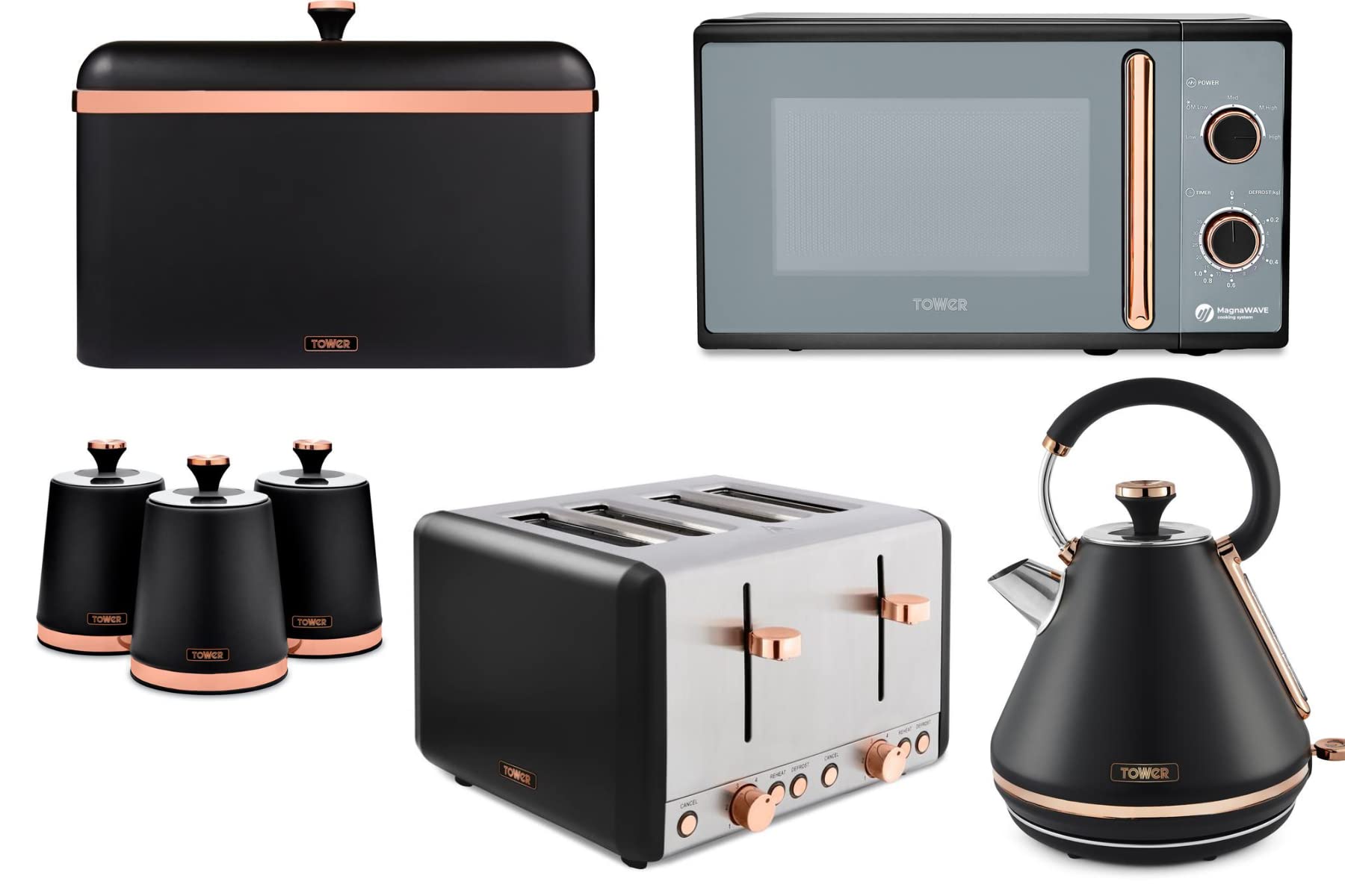 Premium Tower Cavaletto Black & Rose Gold 7-Piece Kitchen Set - Pyramid Kettle, 4-Slice Toaster, Microwave, Bread Bin & 3 Canisters for Tea, Coffee & Sugar | Stylish Modern Kitchen Essentials for Small Spaces & Apartments