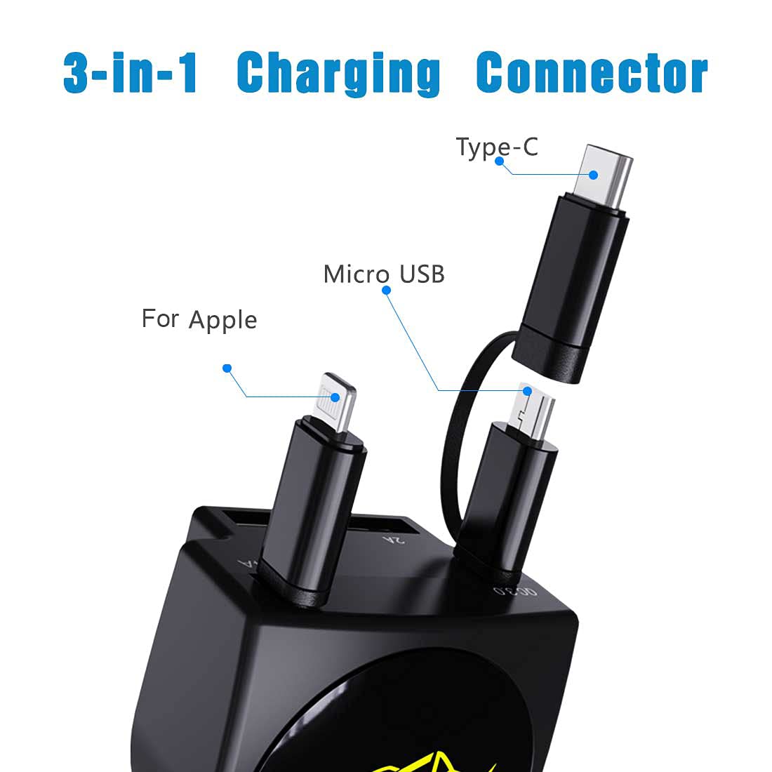 Fast Charging 47W Retractable Car Charger with 2 USB Ports & 3Ft Cables - Compatible with iPhone 15/14/13, Samsung Galaxy, Android Phones - Perfect for Road Trips & Daily Commute