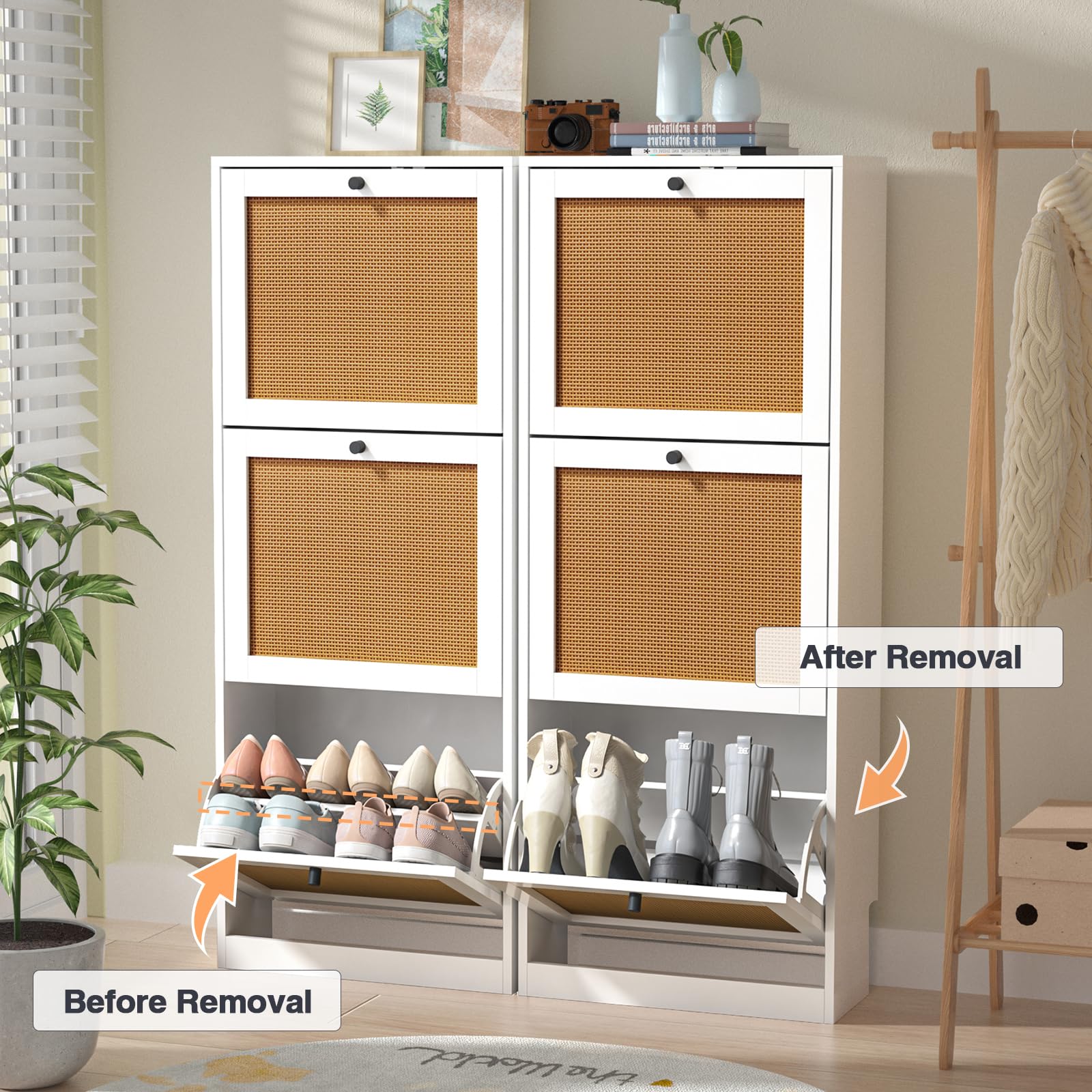 Anmytek 3-Tier Rattan Shoe Storage Cabinet with Flip Drawers - White Entryway Organizer for Hallway, Living Room & Bedroom | Wooden Shoe Rack with 3 Compartments | Perfect for Small Spaces & Home Decor (Model S0003)