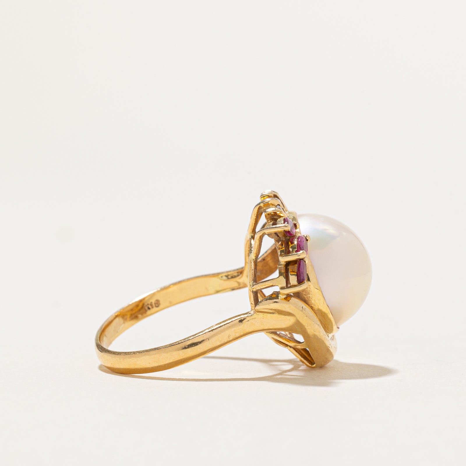 Exquisite Mabé Pearl, Ruby & Diamond Cocktail Ring - 0.20ctw Ruby & 0.25ctw Diamonds - Size 7.25 - Elegant Evening Wear & Special Occasion Jewelry for Women