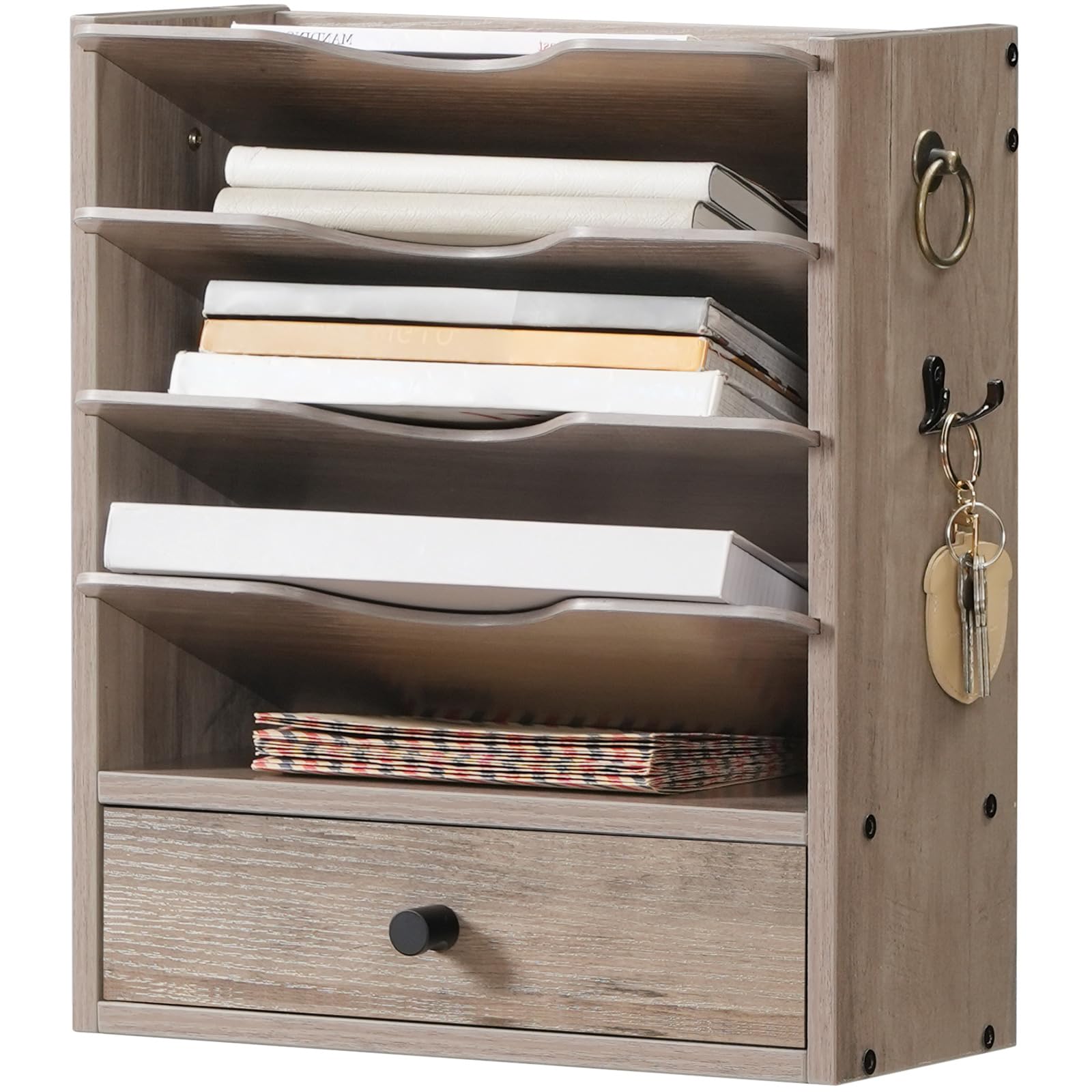 HOOBRO Wooden Wall File Organizer with Drawer & Hooks - Mail, Literature & Construction Paper Storage - Space Saving Office, Classroom & Home Organization (Greige BG14WF01) - Perfect for Desk, Wall & Workspace Organization